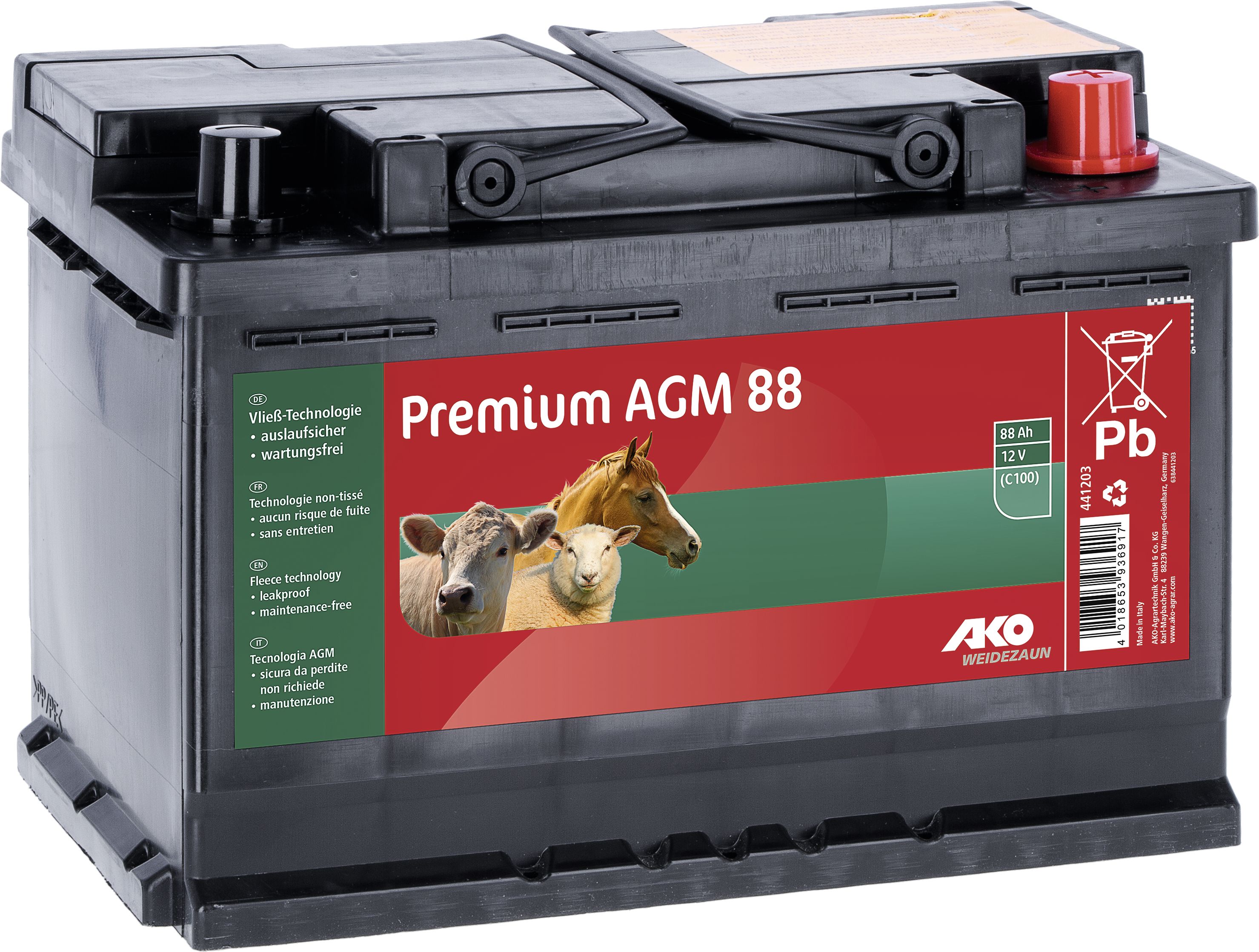 Ako Weidezaunbatterie "Premium" 12 V/88 Ah AGM, für Weidezaungeräte, 441203
