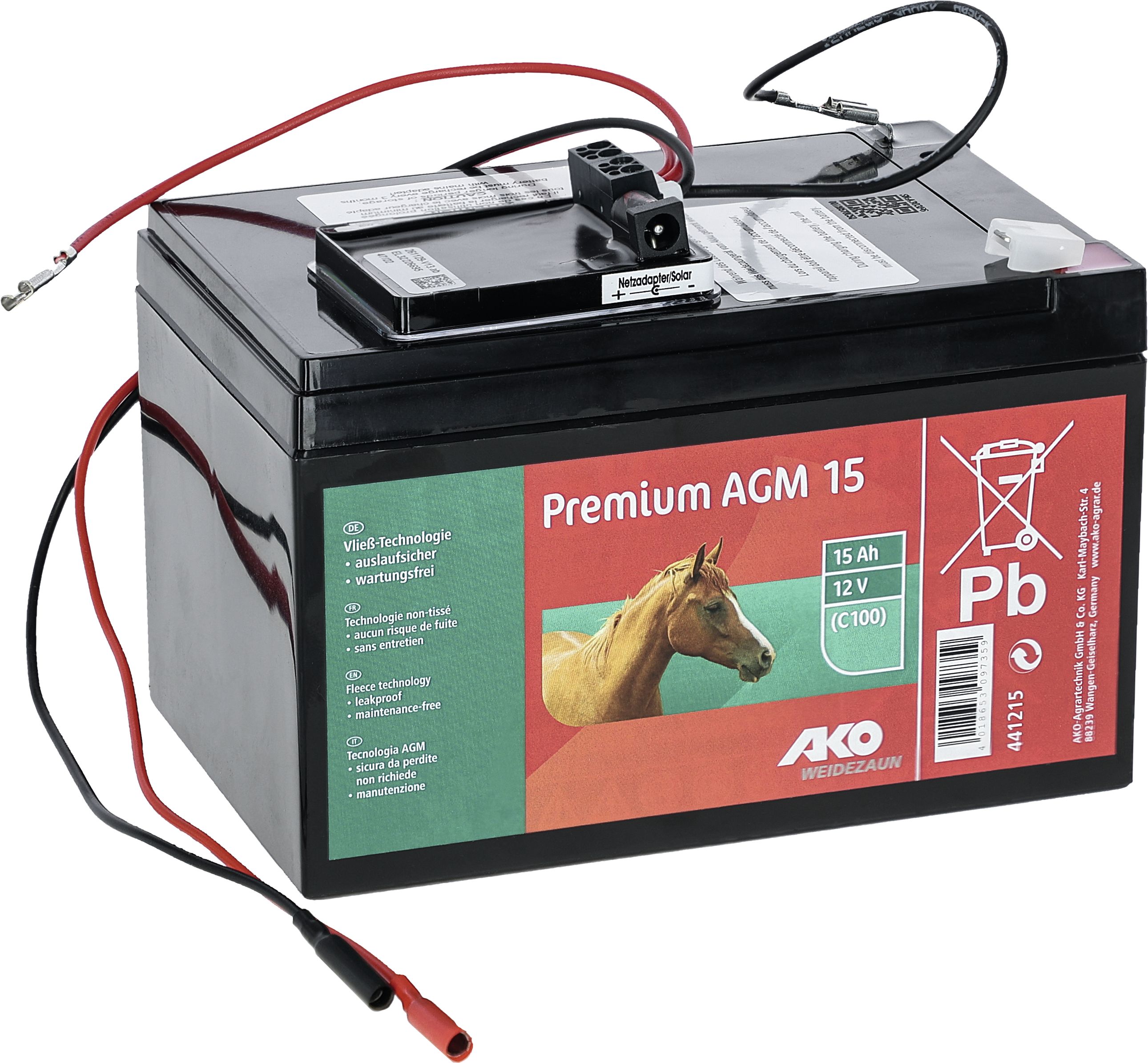 Ako Weidezaunbatterie "Premium" 12 V/15 Ah AGM mit Netzteil, für Weidezaungeräte, 441215