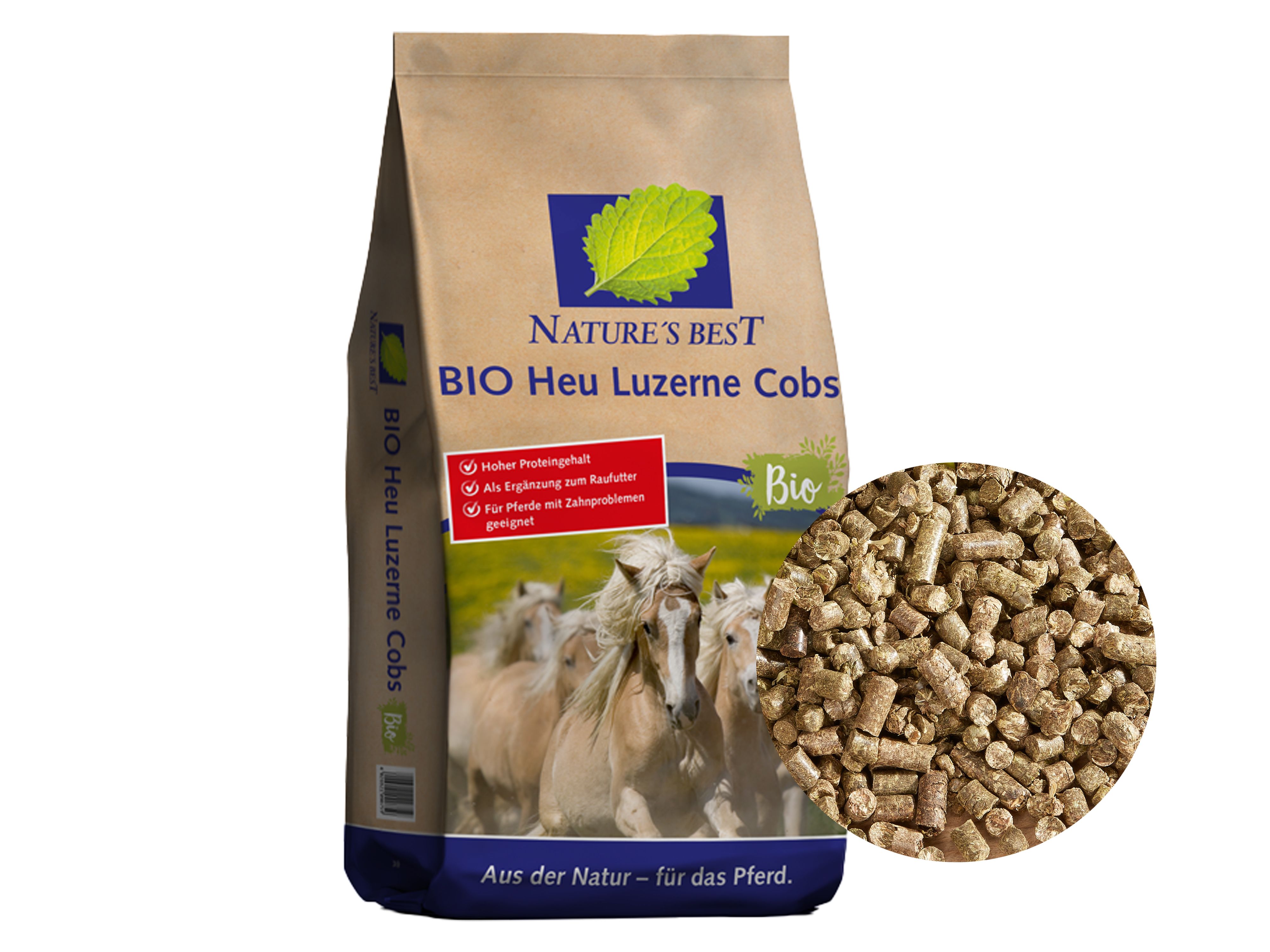 NATURE ́S BEST BIO Heu Luzerne Cobs für Ökobetriebe geeignete Cobs aus 50% Wiesenheu und 50% Luzerne für Pferde Cobs 25 kg Sack
