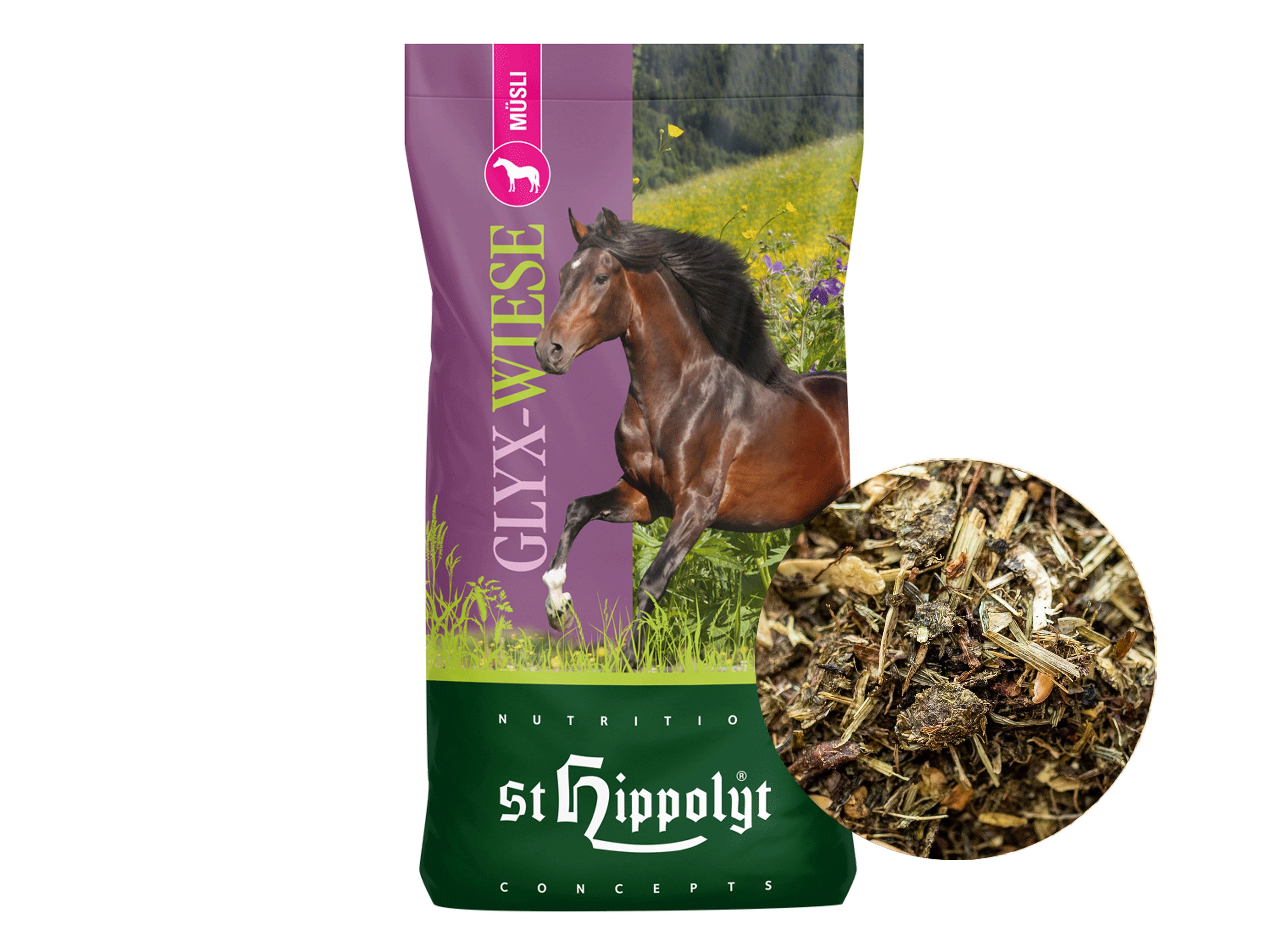 St. Hippolyt Glyx-Wiese Müsli getreidefreies und melassefreies Fasermüsli für übergewichtige/ stoffwechselsensible Pferde 15 kg Sack