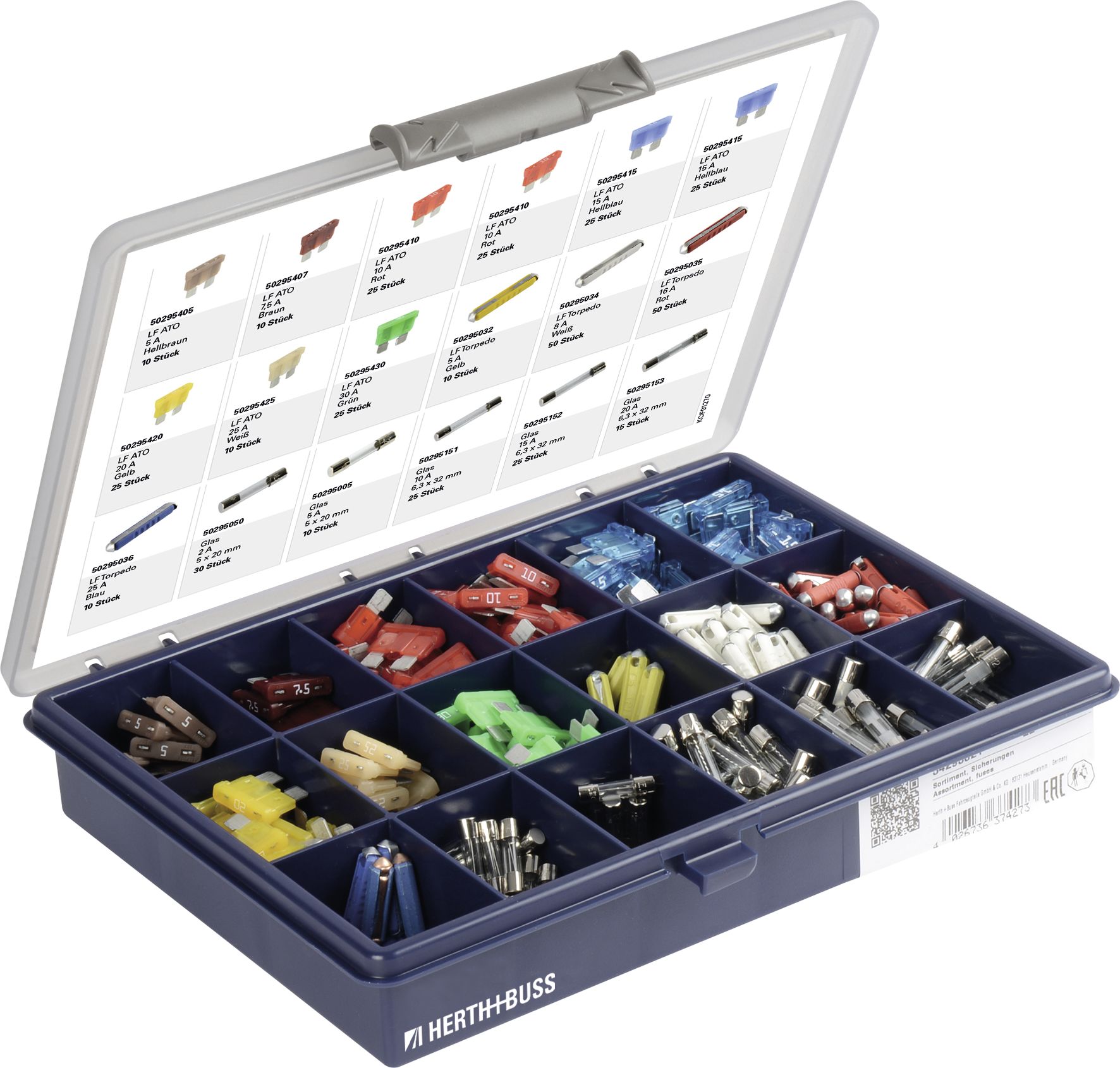 Herth + Buss Sicherungs-Sortiment KFZ, 405 St., 2 – 30 A, Flachstecksicherung "ATO", Glassicherung, Torpedosicherung, 54 295 021