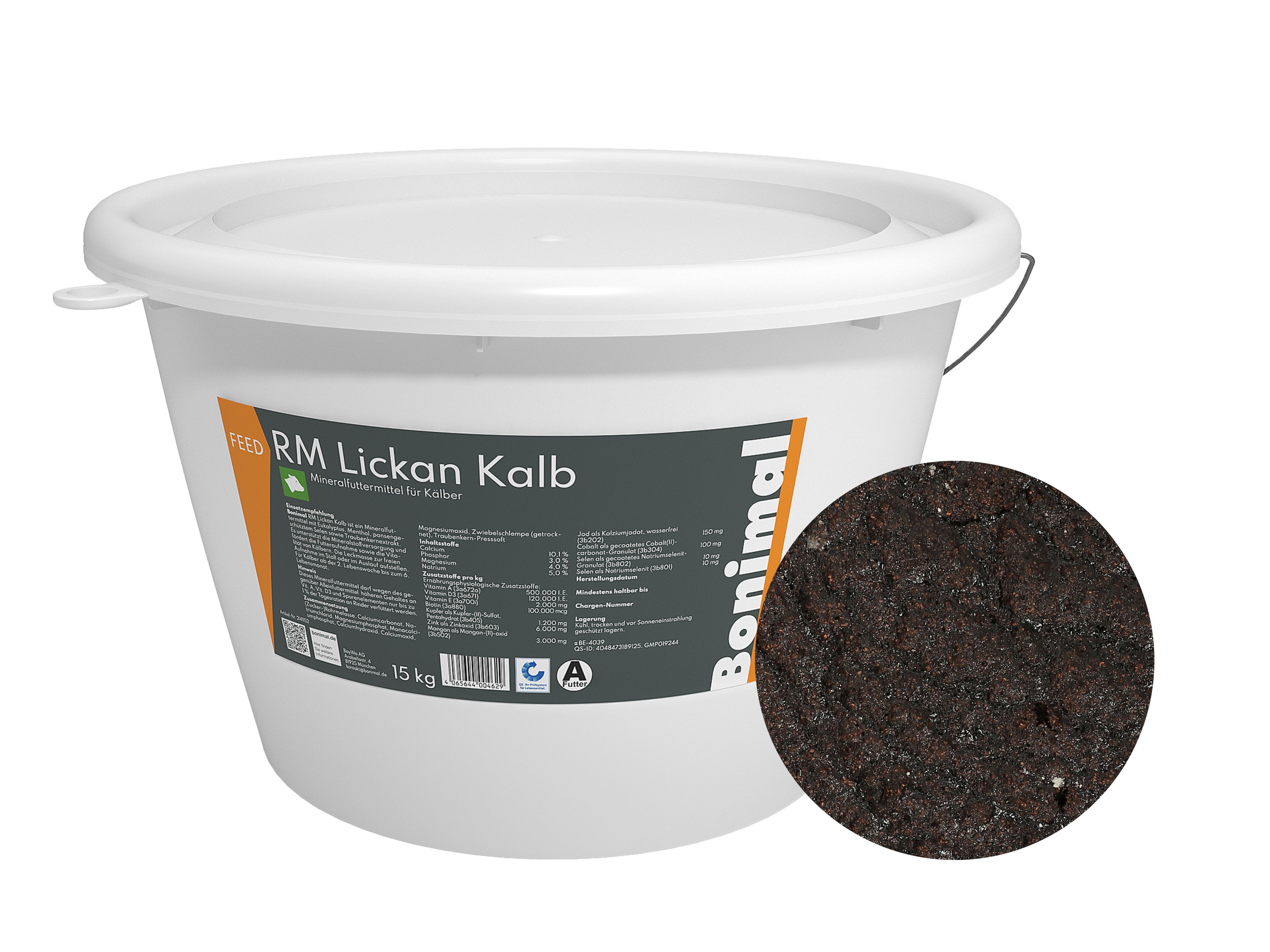 5 Stück, Bonimal FEED RM Lickan Kalb mit Eukalyptus, Menthol, Selen sowie Traubenkernextrakt Leckmasse 15 kg Eimer