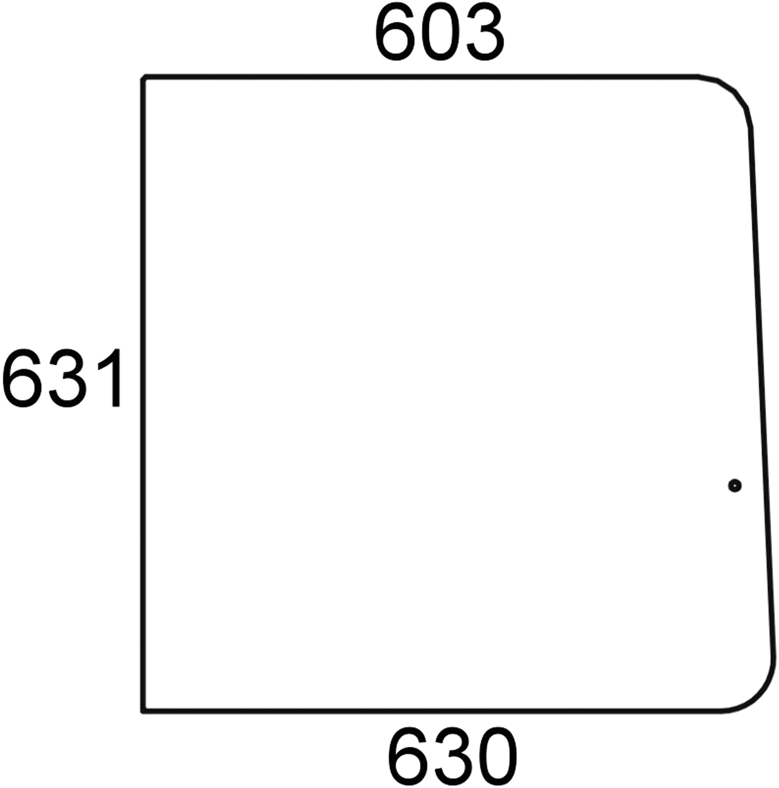 Seitenscheibe 603/630 x 631 x 5 mm klar, schiebbar, 1 Bohrung, für Traktor Mercedez-Benz MB-Trac - Westberga