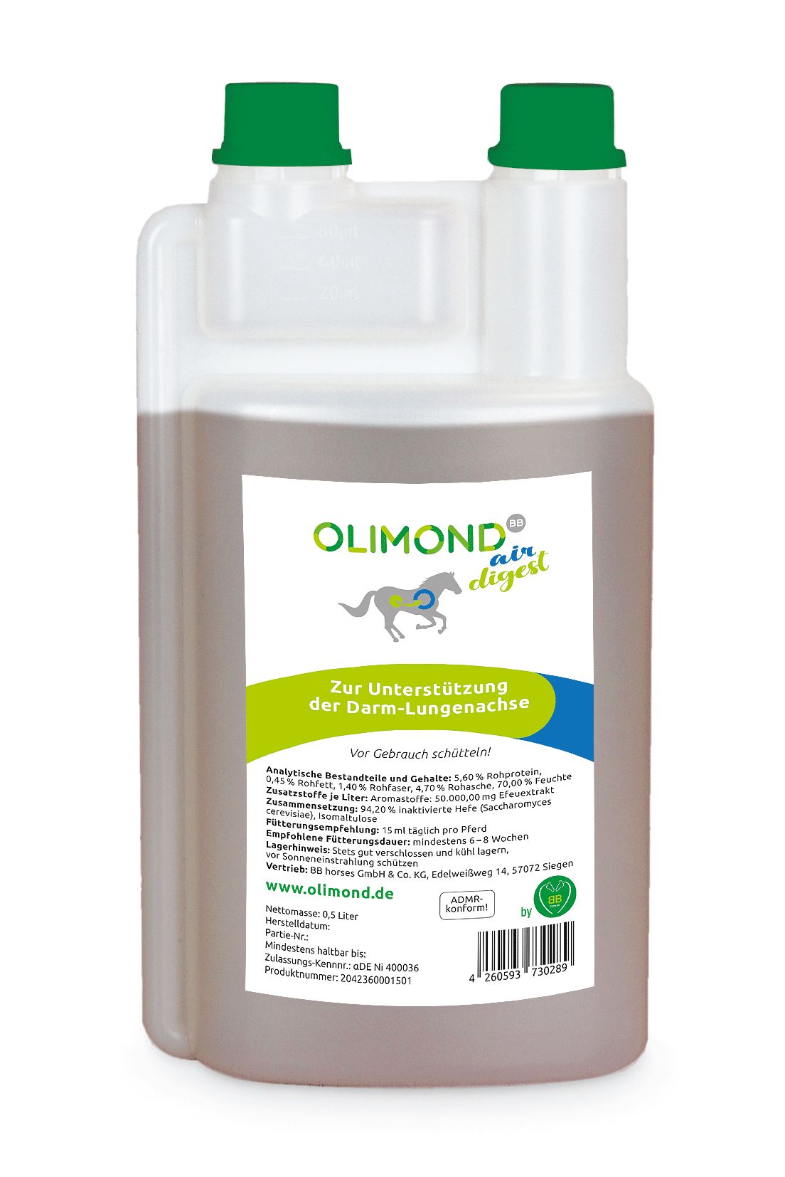 Olimond BB airdigest mit Wirkstoffen für Atemwege von Pferden 1 l Flasche