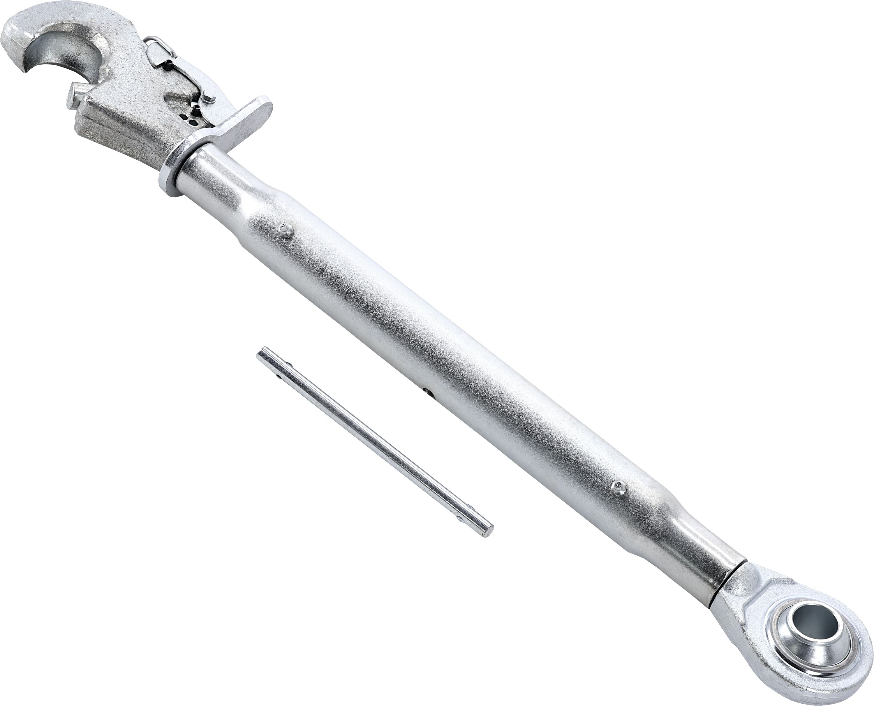 Oberlenker Kat. 3 extra schwer 800 – 1.120 mm, mit Fanghaken und Kugelgelenk, M 36 x 3, verzinkt (Hülse)