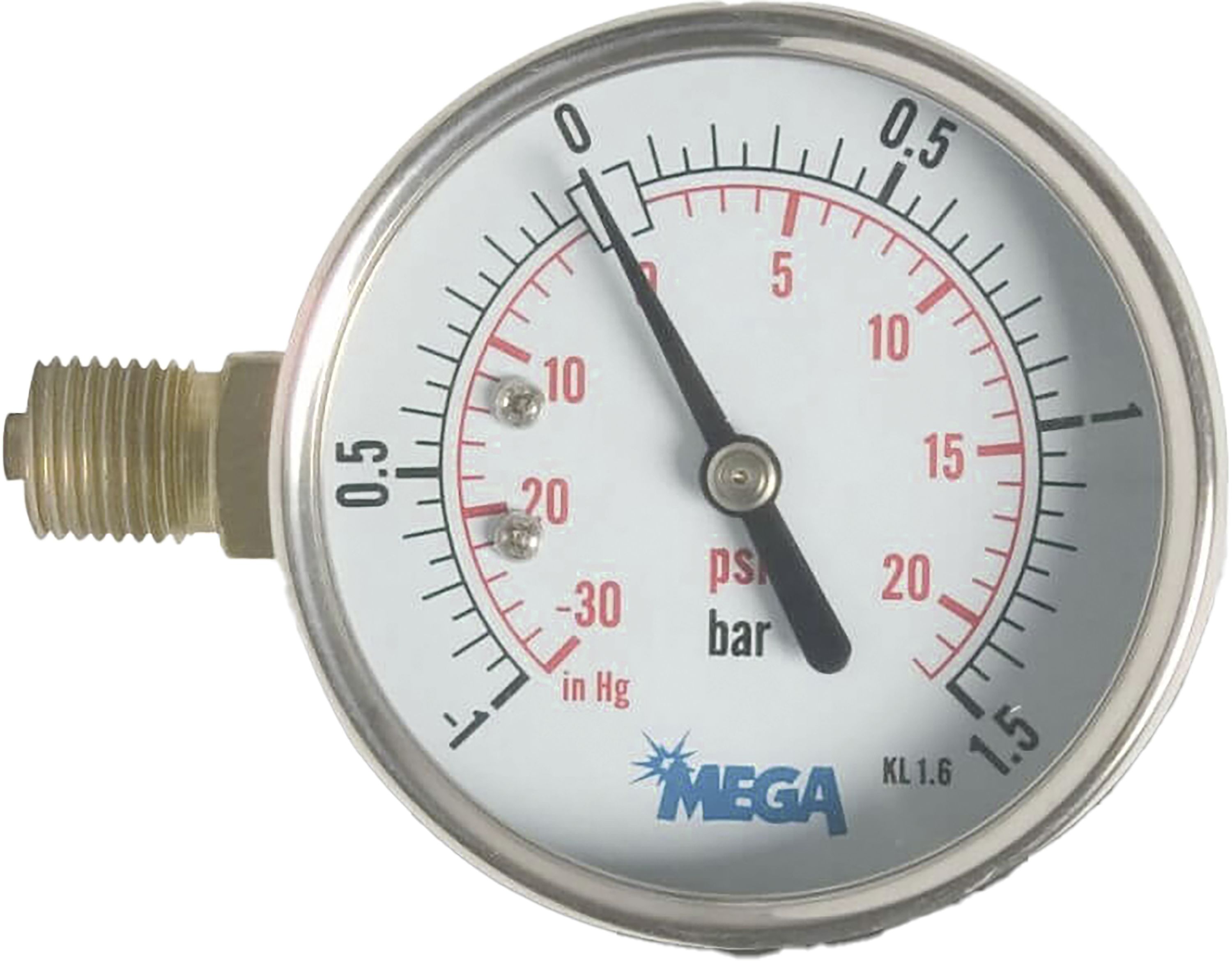Glyzerin-Manometer -1 bis 1,5 bar, Anschluss 1/4" AG seitlich, Ø außen 63 mm
