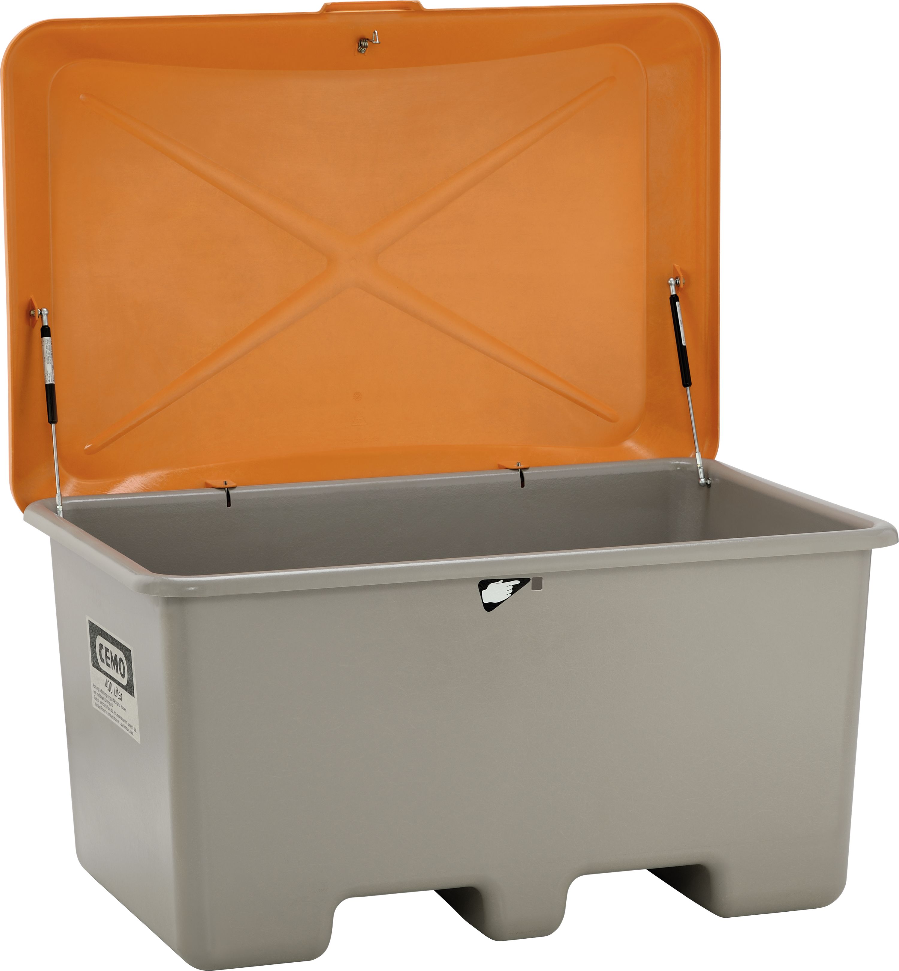 Cemo Transportbehälter 400 l 121 x 82 x 68 cm unterfahrbar, mit Deckel, GFK, rechteckig, grau; orange, 10738