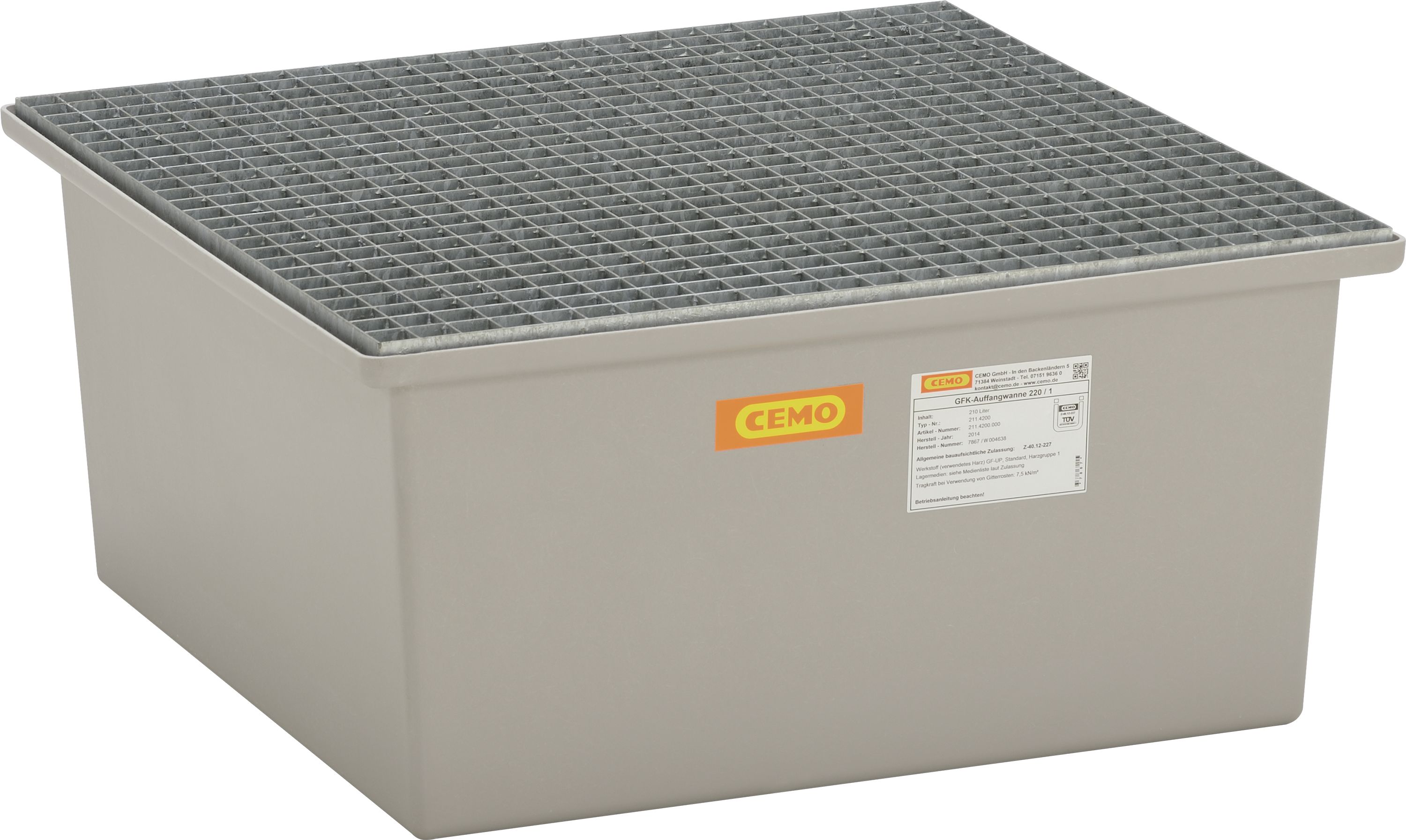 Cemo Auffangwanne 210 l, B x H x T: 85 x 40 x 85 cm, GFK (glasfaserverstärkter Kunststoff), mit verzinktem Stahlgitterrost, ohne Zulassung, 10387