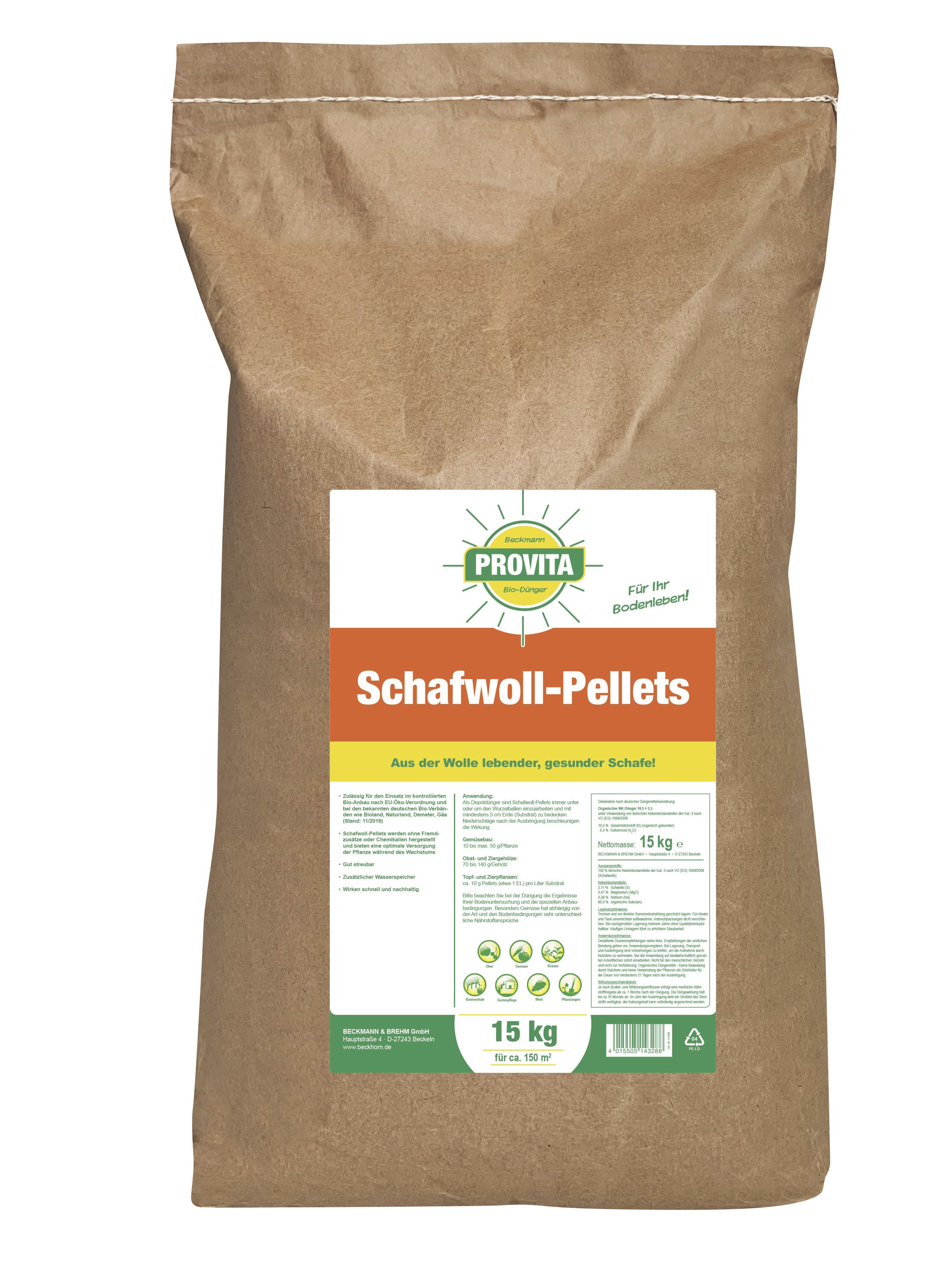 Beckmann Profi Provita Schafwoll Pellets - Mongolei organischer NK-Dünger 15 kg Sack Pellet