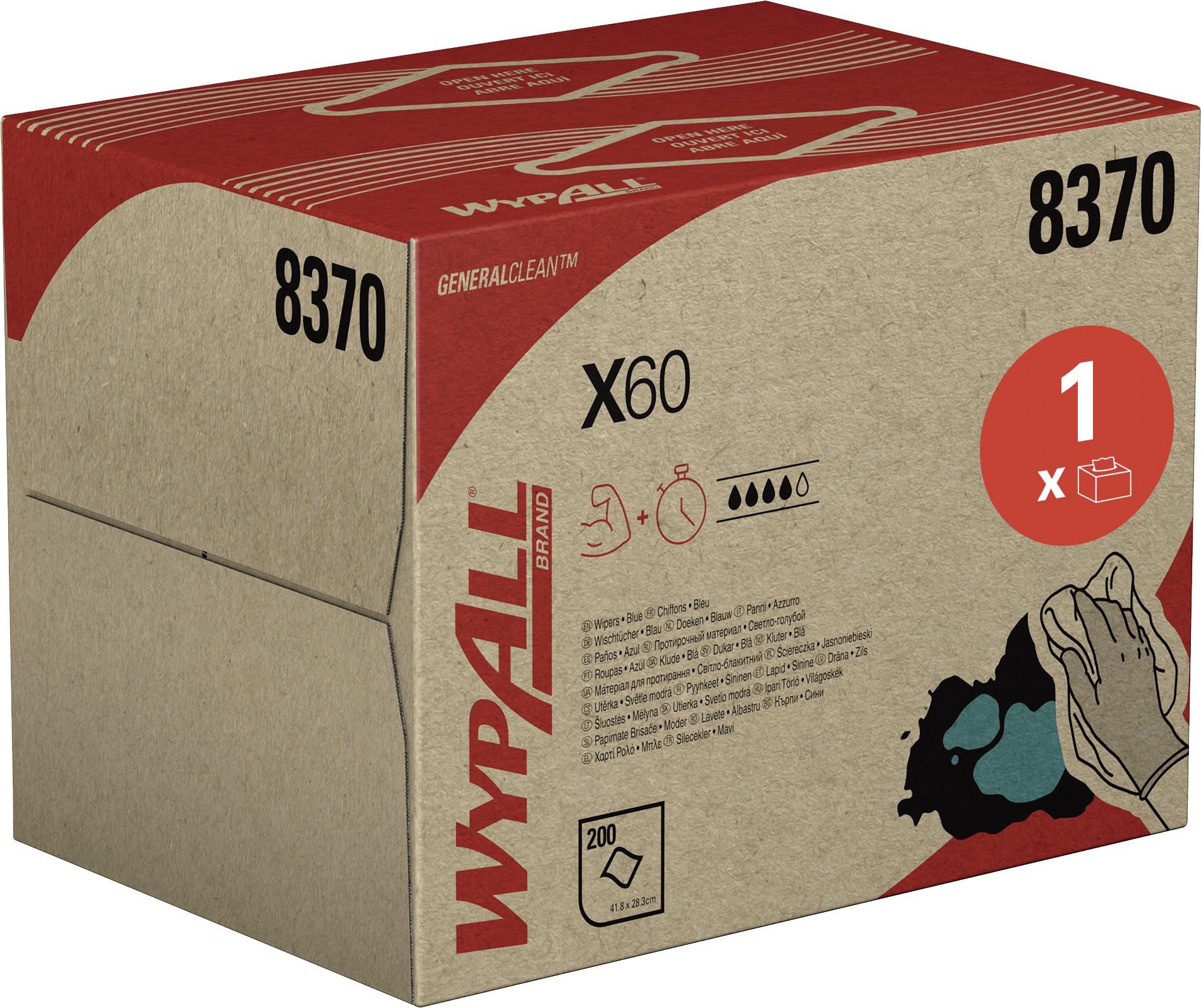 Putztuch "WypAll X60 General Clean " L x B 418 x 283 mm, blau, 1-lagig, 1 x Spenderbox á 200 Tücher, 8370