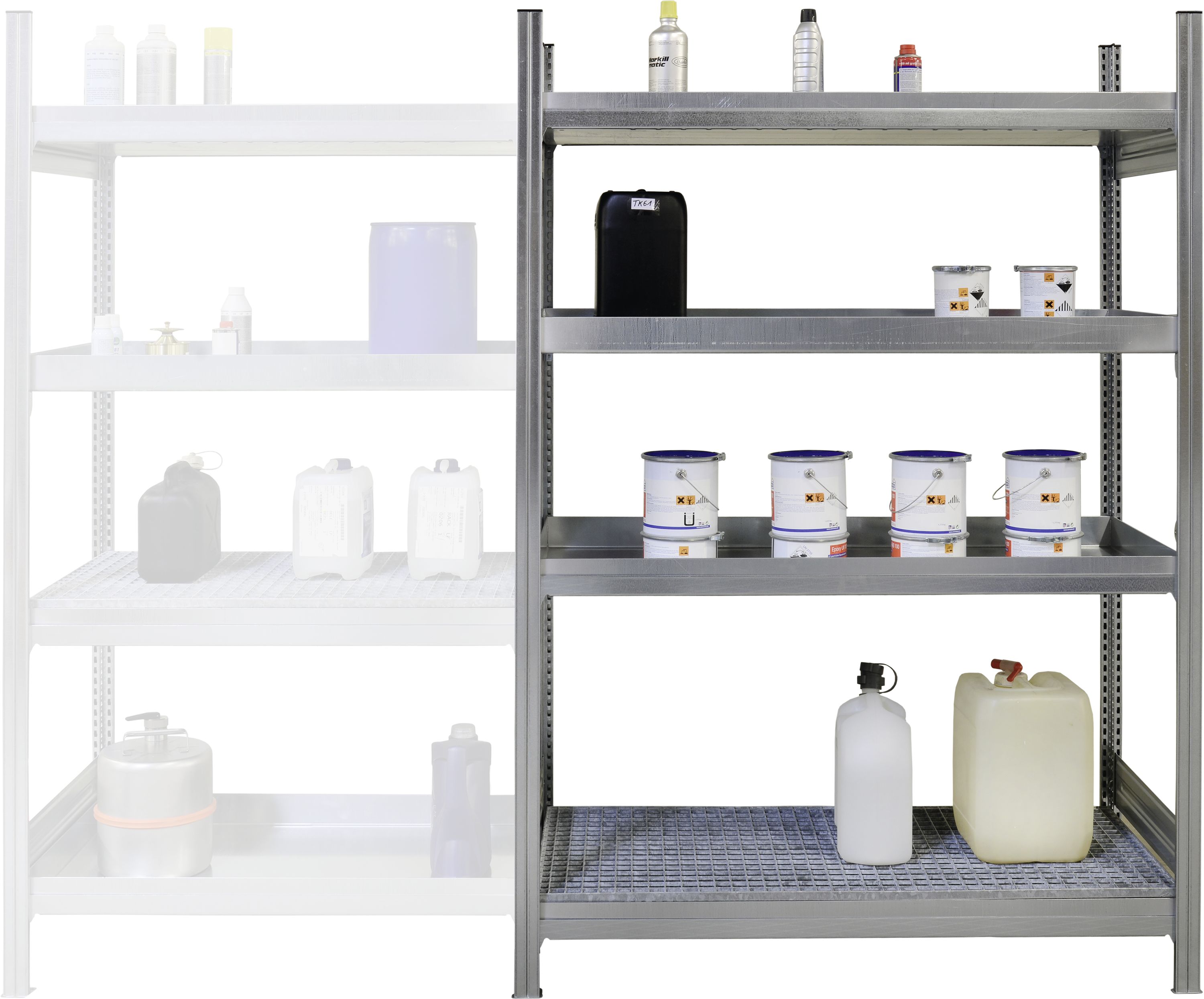 Cemo Gefahrstoffregal "13/5" 136 x 200 x 53,5 cm Grundregal, 4 x Fachbodenwanne, 11183