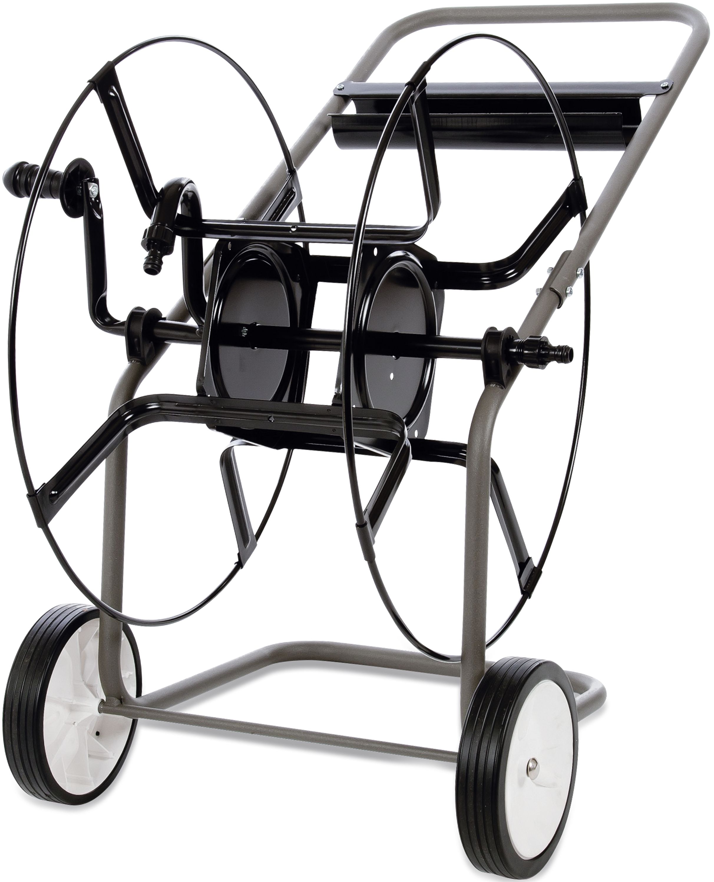 Schlauchwagen Anschluss Winkeltülle 1/2"; Winkeltülle 3/4"; drehbar; Messing Stahl, mit Ablage