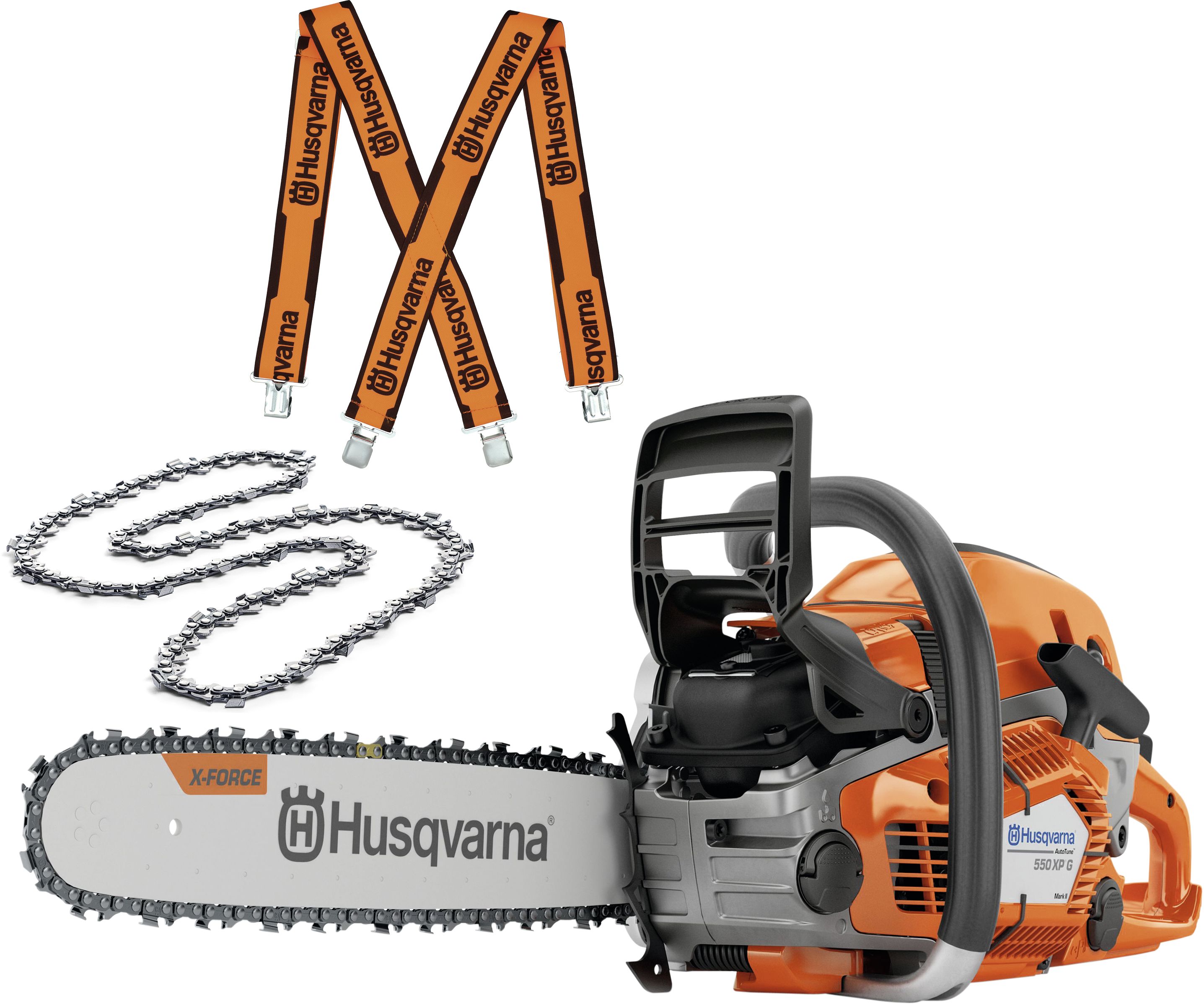 Husqvarna Benzin-Kettensäge "550 XP G Mark II" 3,0 kW (4,1 PS) Schienenlänge 38 cm, mit Griffheizung, mit 2 Ketten, Hosenträgern, 9676909-35