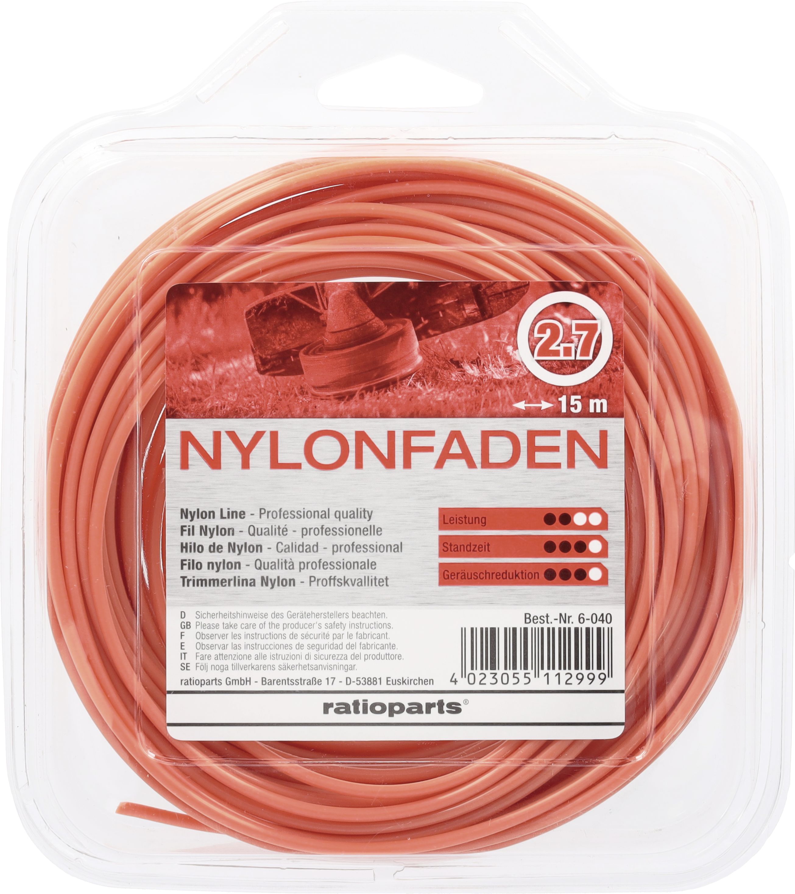 Mähfaden "Copolymer" 2,7 mm/15 m rund, orange, SB-Karte