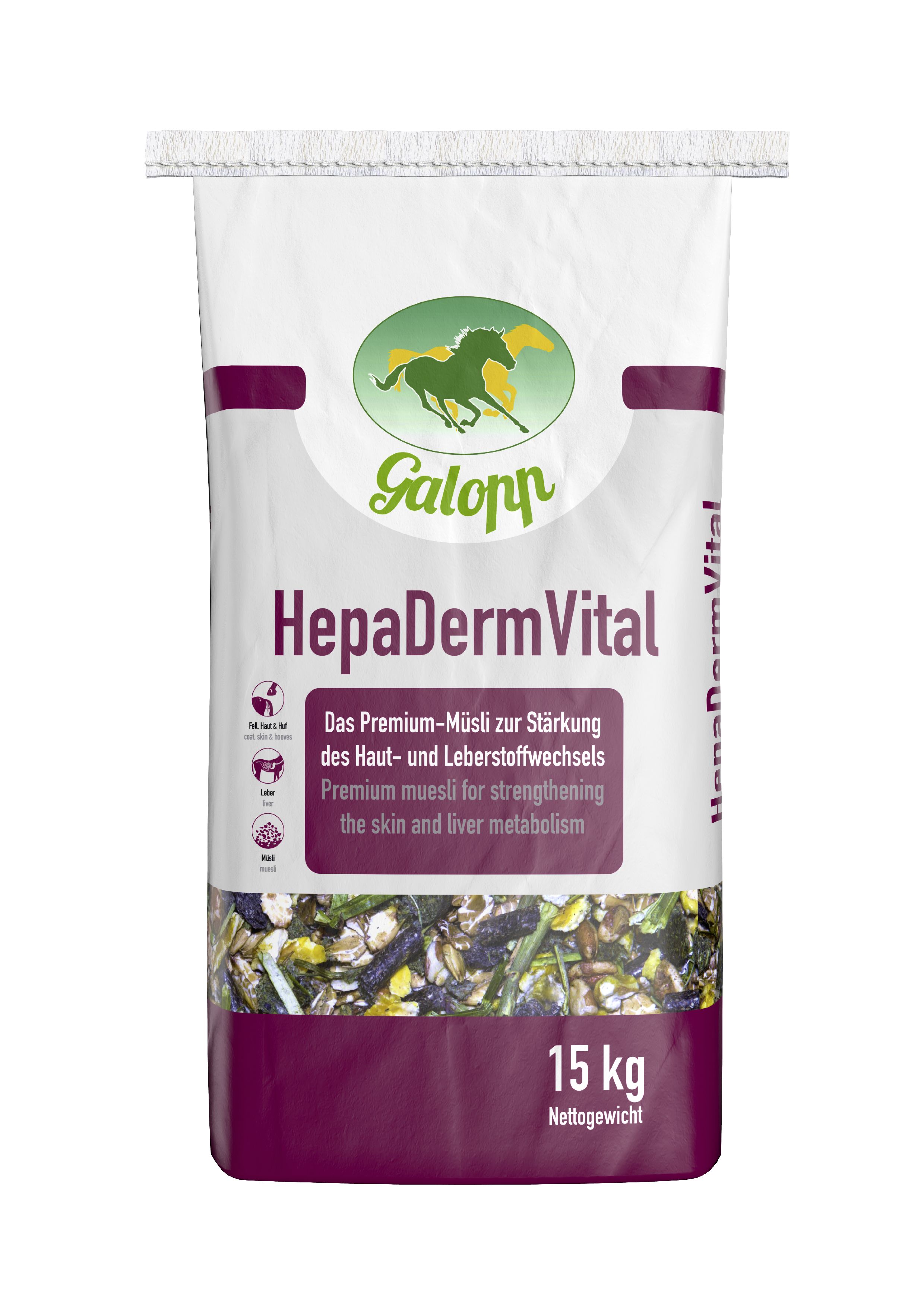 Galopp HepaDermVital haferfreies Müsli für Pferde mit Nährstoffen für Leber und Haut 15 kg Sack