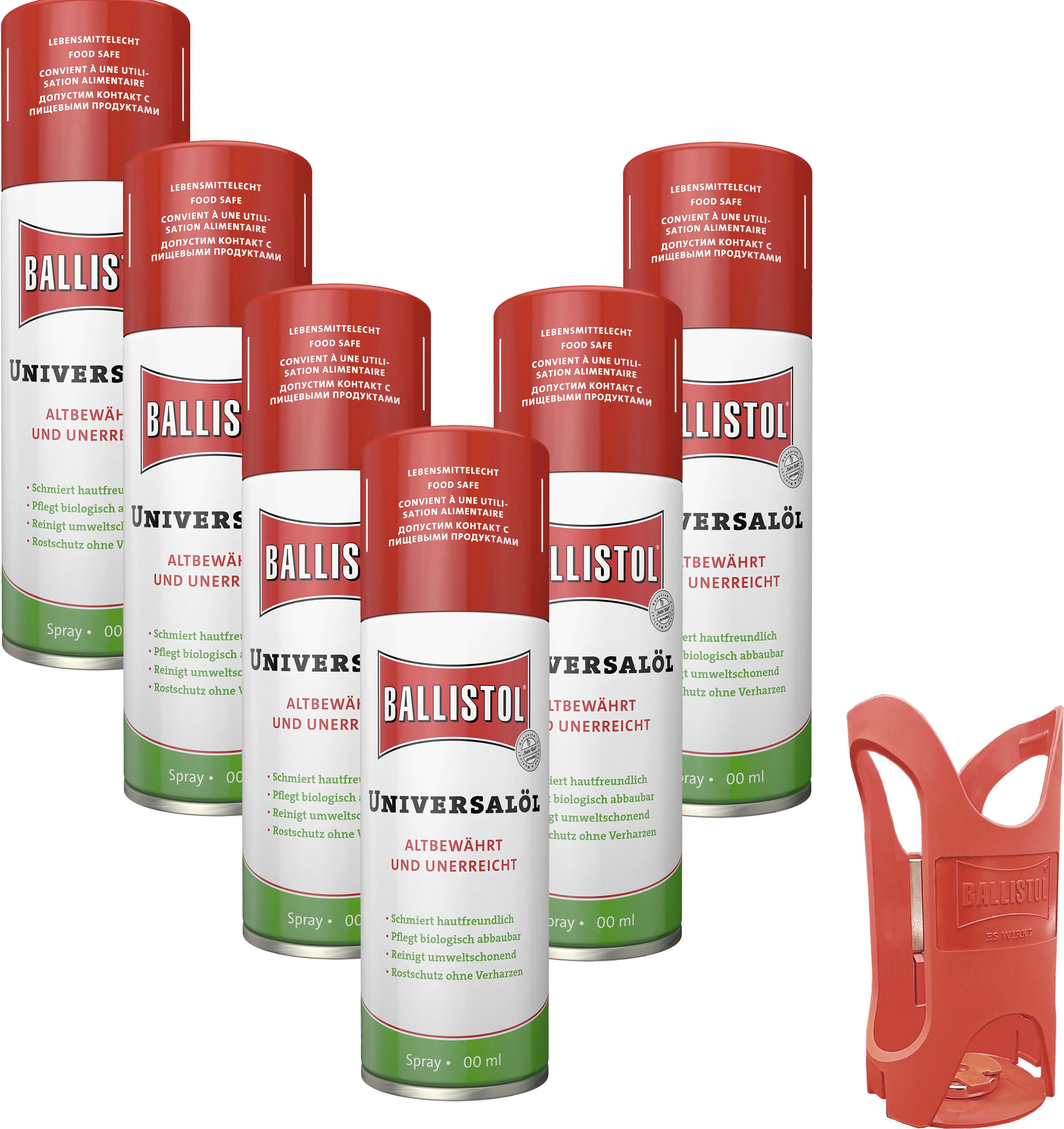 Ballistol Universalöl Set mit 6 Spraydosen 400 ml und gratis Dosenhalter, 29845, 29150