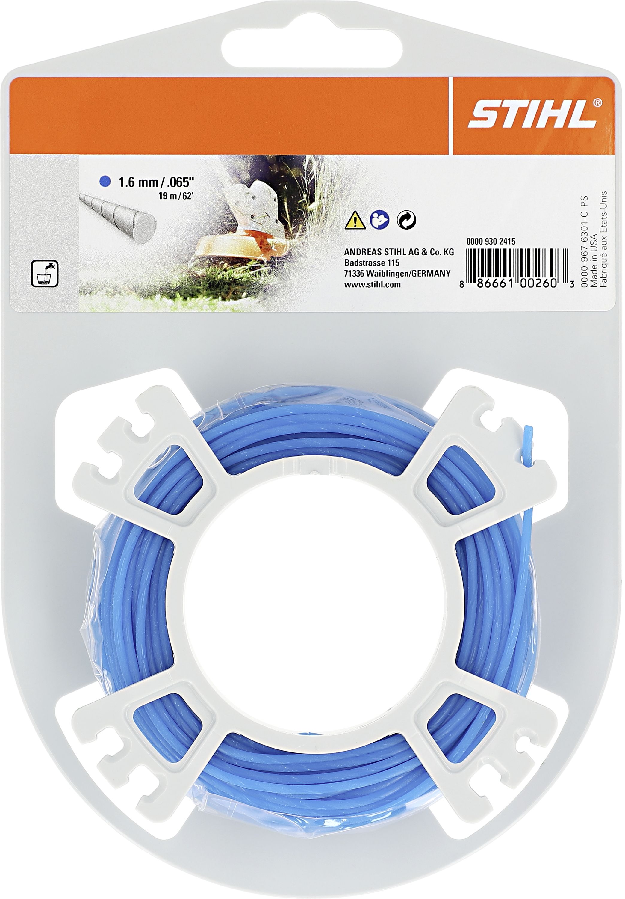 STIHL Mähfaden rund + leise 1,6 mm/19 m, blau, 0000 930 2415