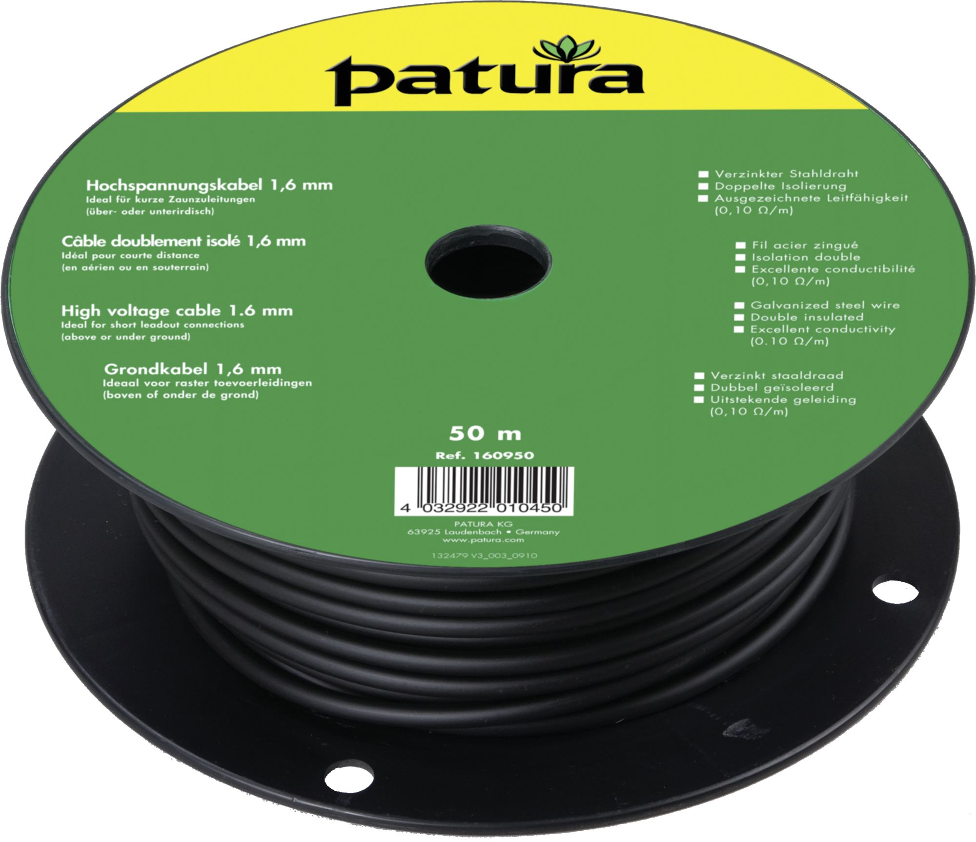 Patura Zaunanschlusskabel 10 m 1,6 mm/0,1 Ω/m, für Verbindungen bis 50 m Weidezaungerät/Zaun oder Erdungsstab, schwarz, 160910