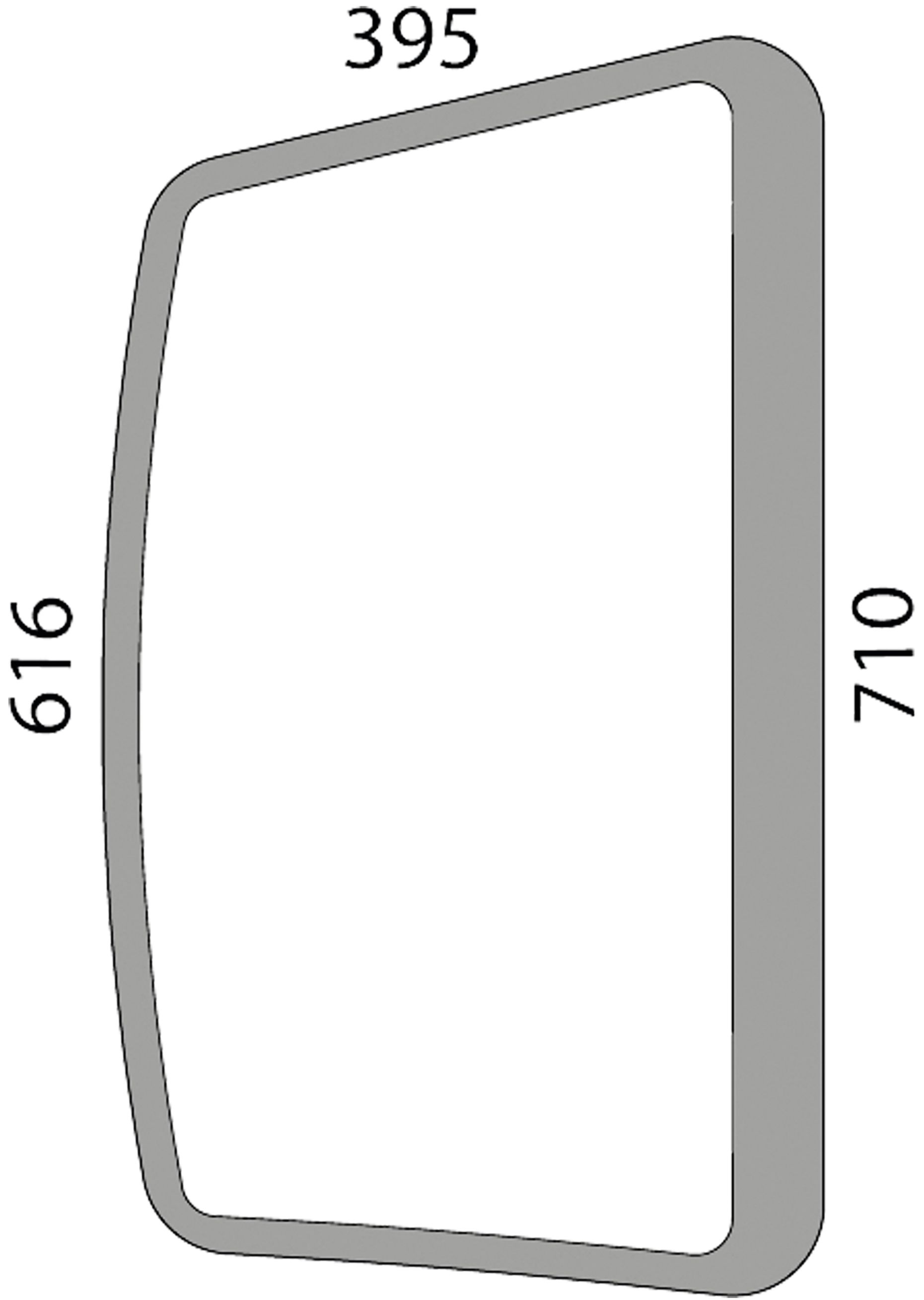 Seitenscheibe 616; 710 x 6 mm rechts, grün, Siebdruck, geklebt, für Traktor Deutz-Fahr, Same, Lamborghini, Hürlimann