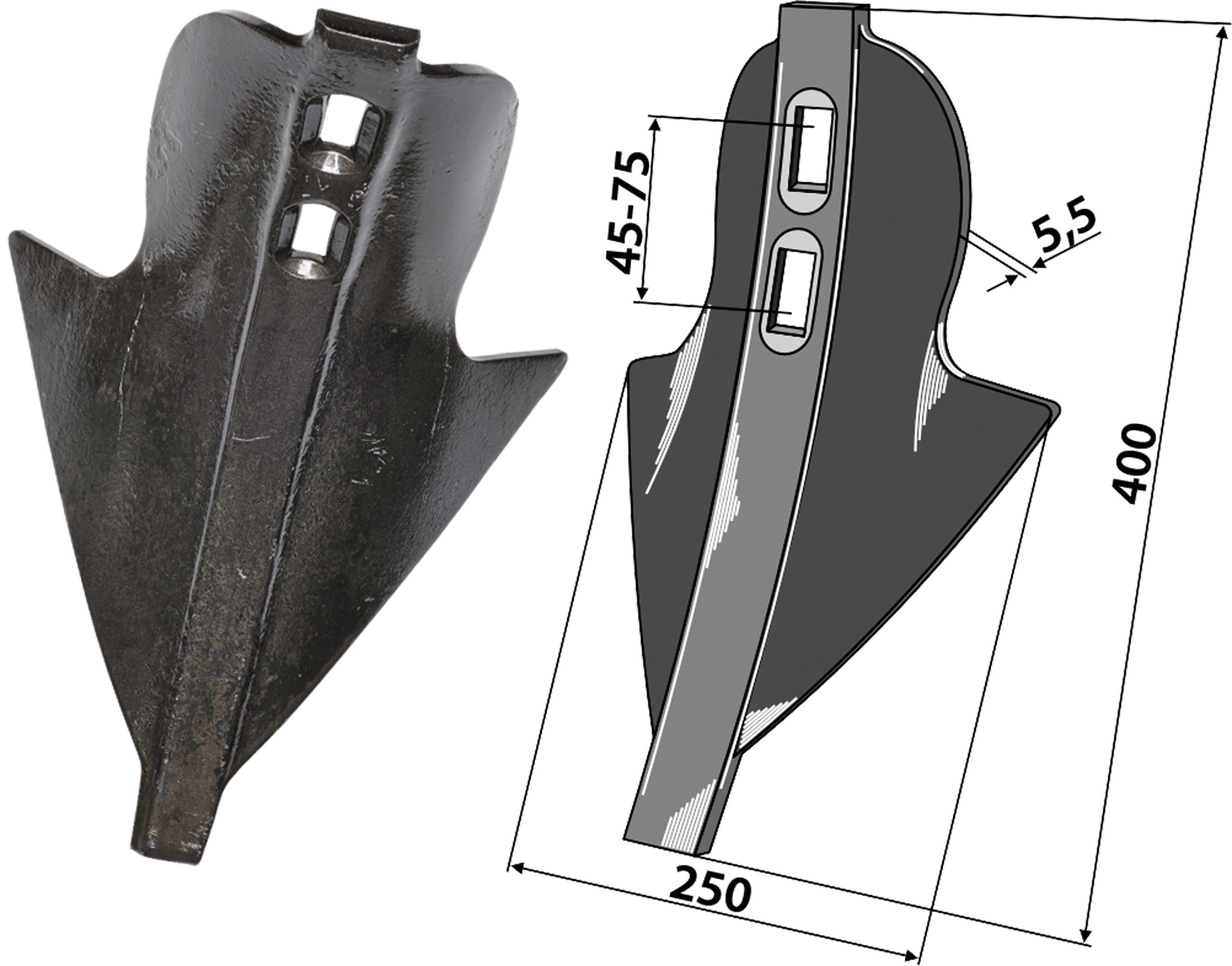 Industriehof Stoppelschar "Donax" 250 x 45 – 75 mm für G-Blattfederzinken, Rabe, Schönberger, 101.250-45-80