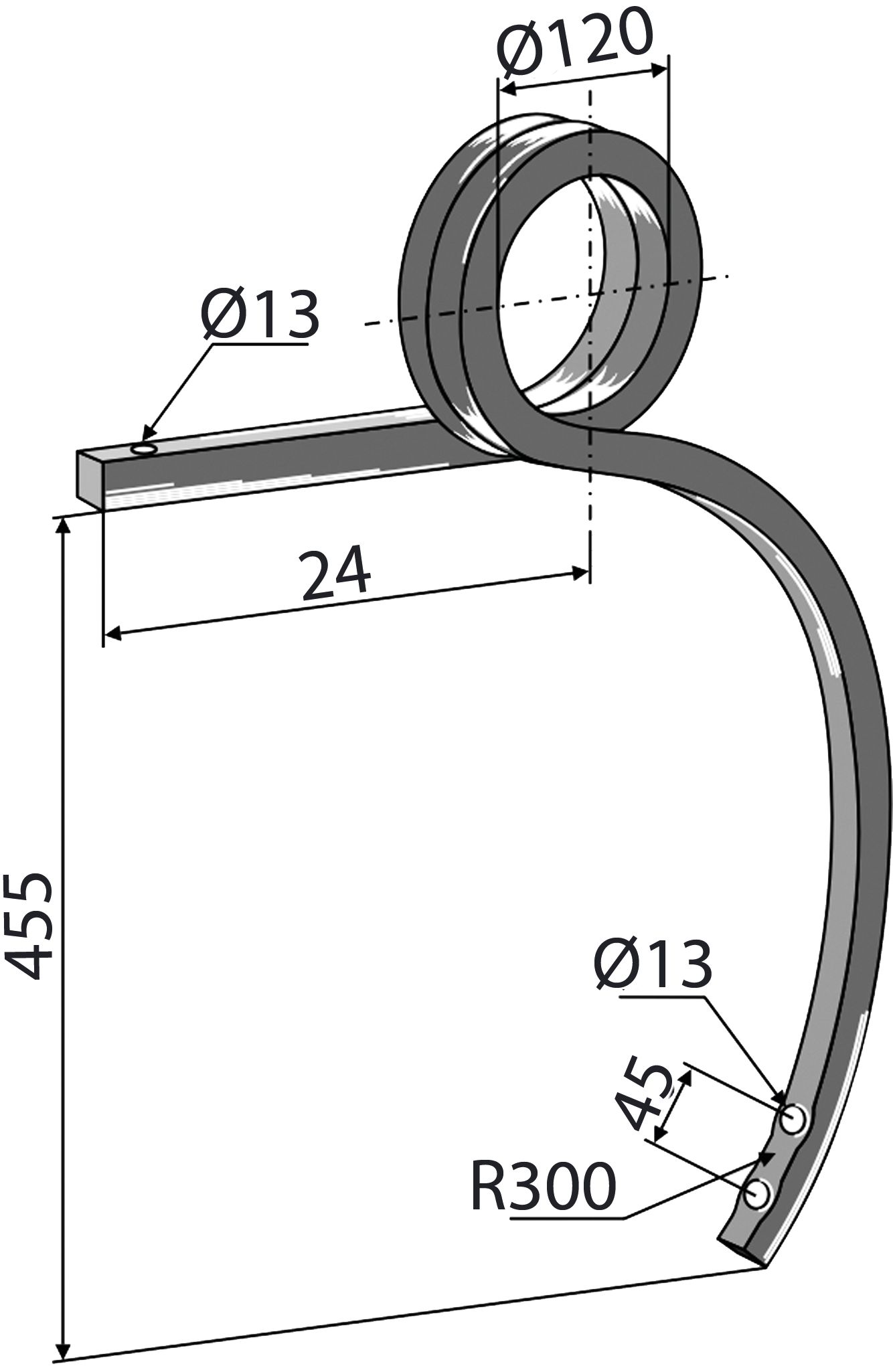 Industriehof Schwergrubberstiel links, 455 x 25 x 25 mm, für universal, 101.304551