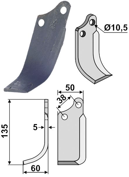 Fräsmesser 135 x 60 x 5 mm Bohrung 10,5 mm links für Agria Bodenfräse 1600, 2400, 2600