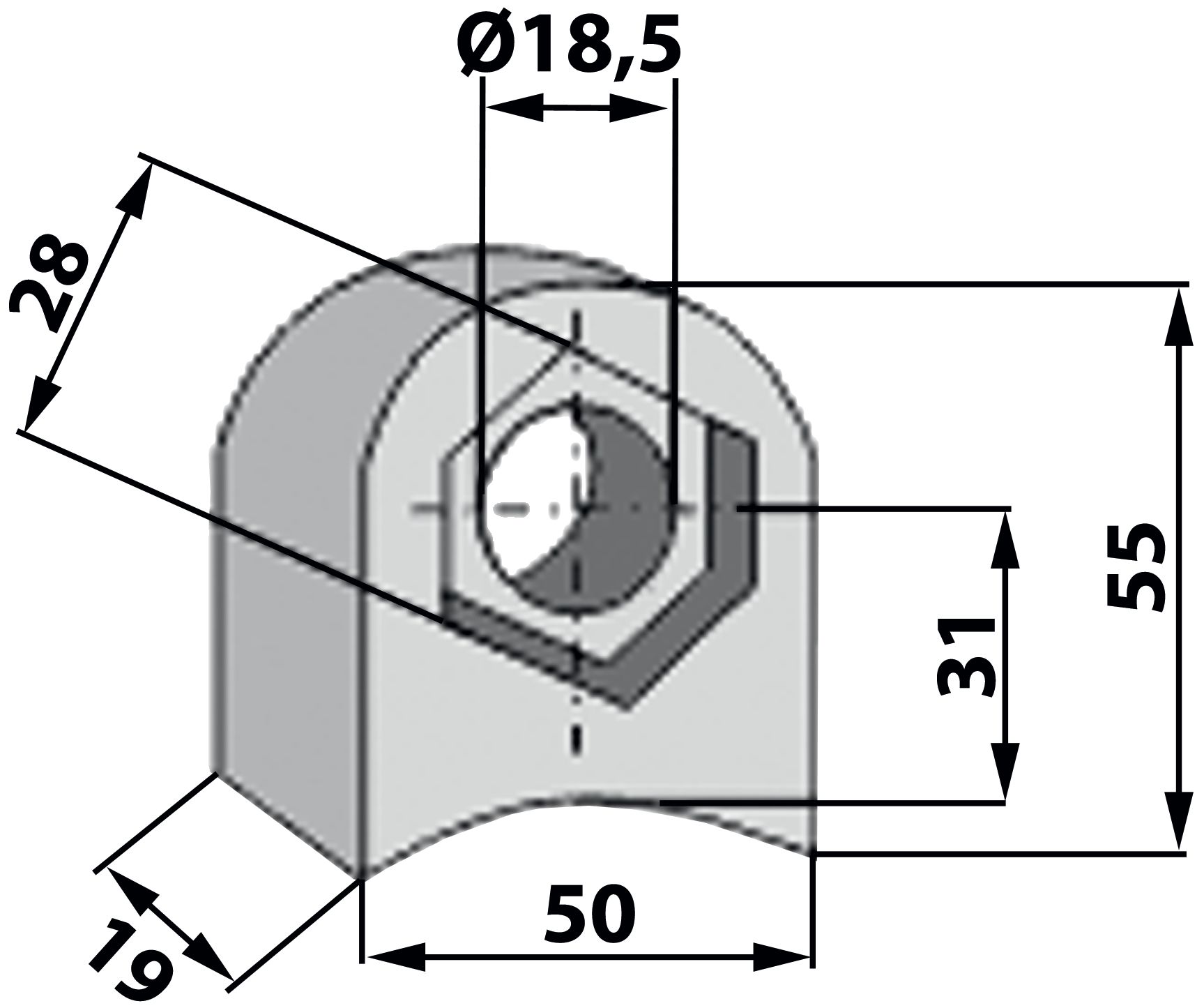 Industriehof Halter 55 x 50 x 19 mm, Bohrung 18,5 mm für Rotoram Schlegelhäcksler, 63-RM-902