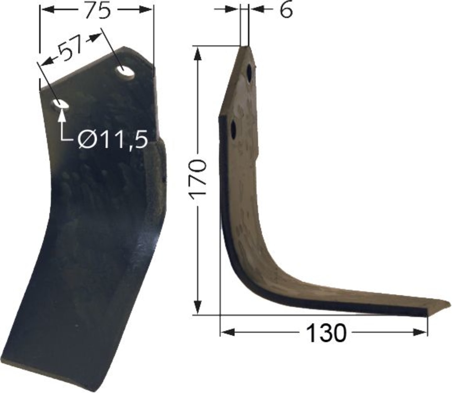 Fräsmesser 170 x 75 x 6 mm Bohrung 11,5 mm links/rechts für Howard Bodenfräsen, Motorhacken, Gartenfräsen