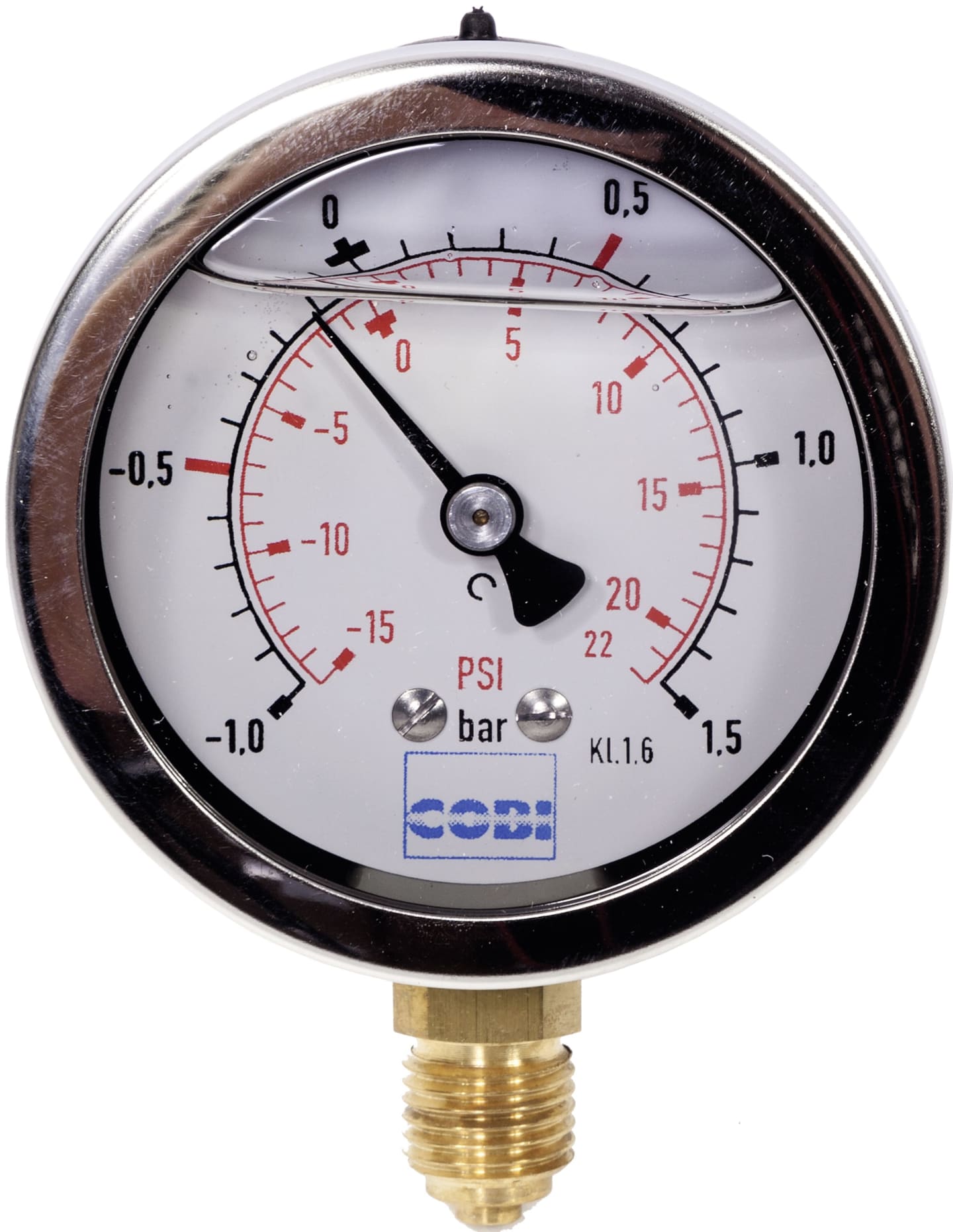Hücobi Glyzerin-Vakuum-Manometer, Anschluss 1/4" unten, -1 bis 1,5 bar, Rote Markierung -0,5 bar; +0,5 bar, 8113 006005