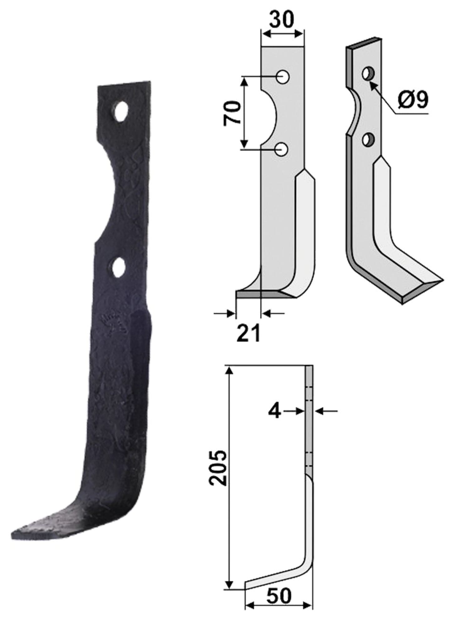 Industriehof® Fräsmesser links/rechts 205 x 50 x 4 mm, Bohrung 9 mm, für Agria