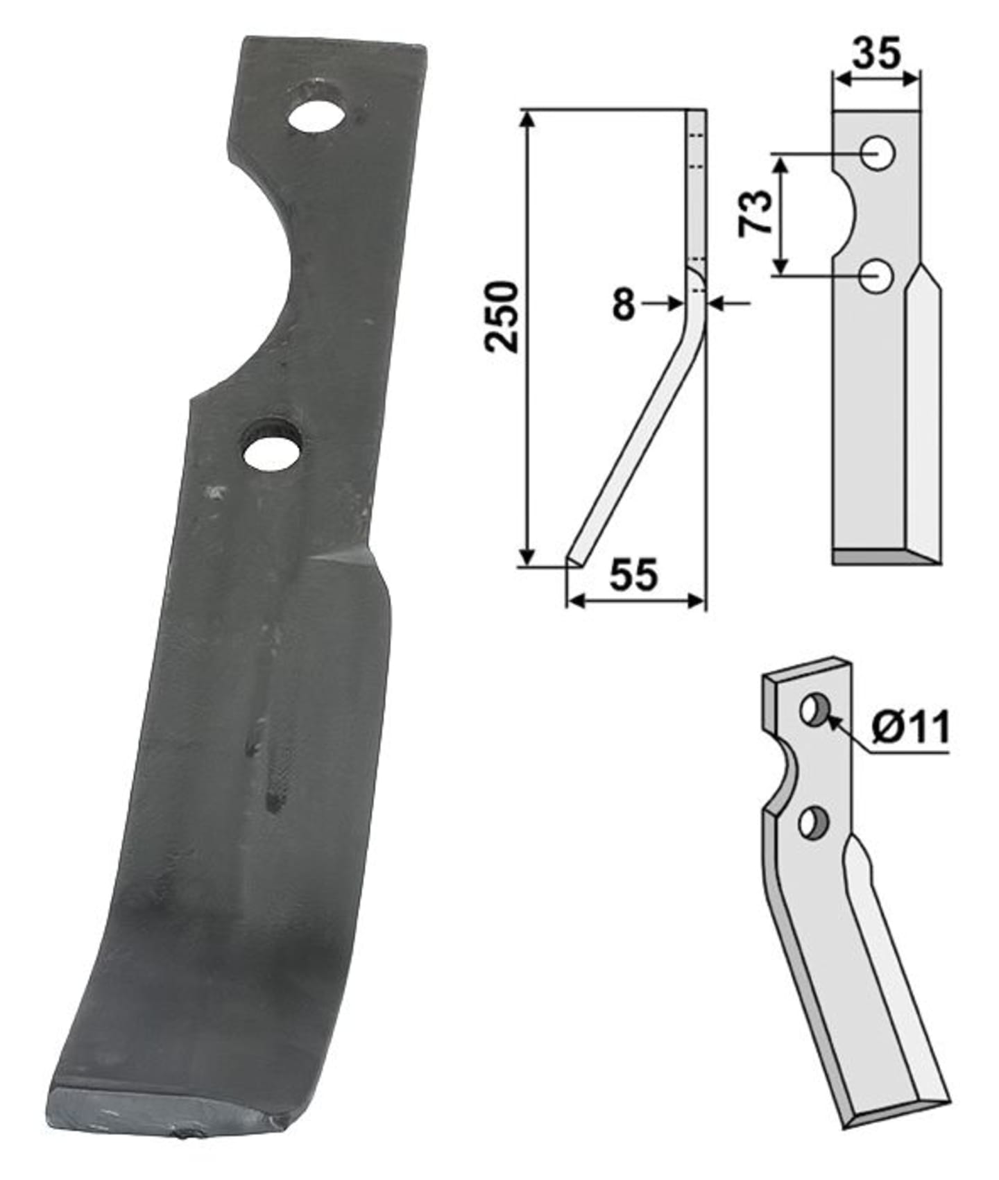 Industriehof® Rotorzinken links/rechts 250 x 35 x 8 mm, Bohrung 11 mm für Simon