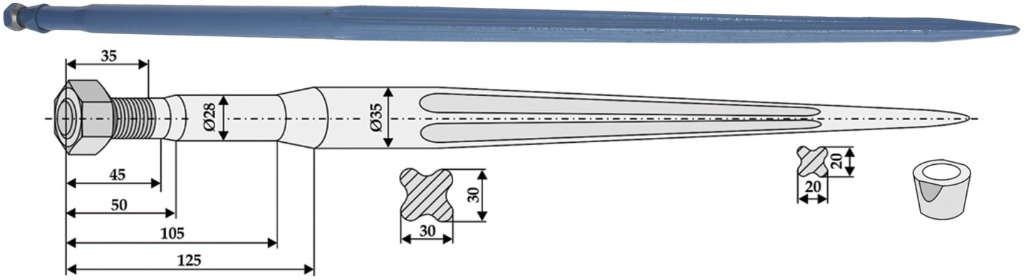 Industriehof® Frontladerzinken 1.100 mm, M 22 x 1,5 AG, spitz, gerade, für Frost, 181110