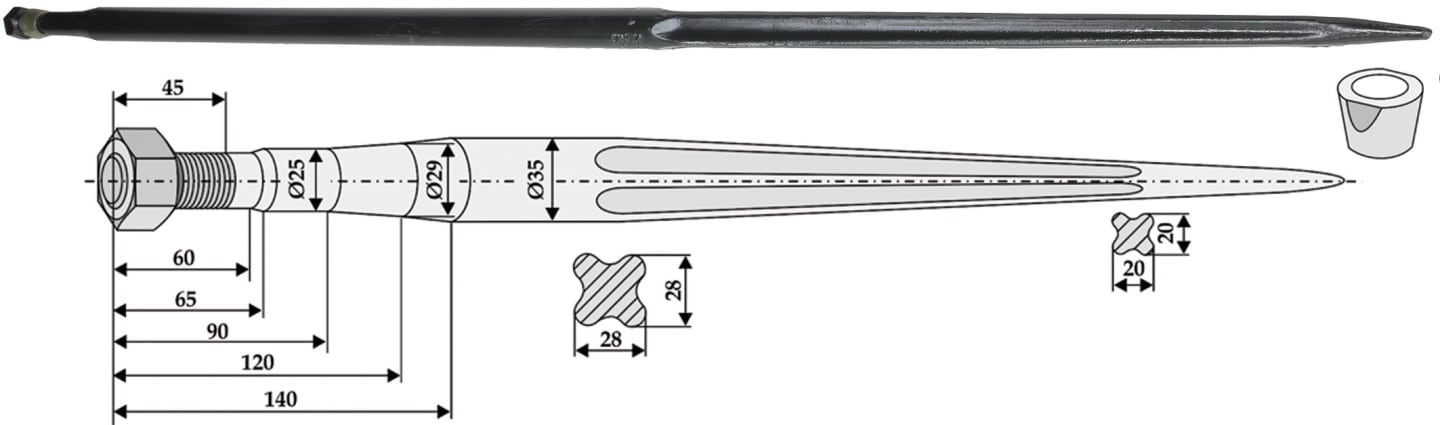 Industriehof® Frontladerzinken 1.400 mm, M 22 x 1,5 AG, spitz, gerade, für Agram, Faucheux, 181300
