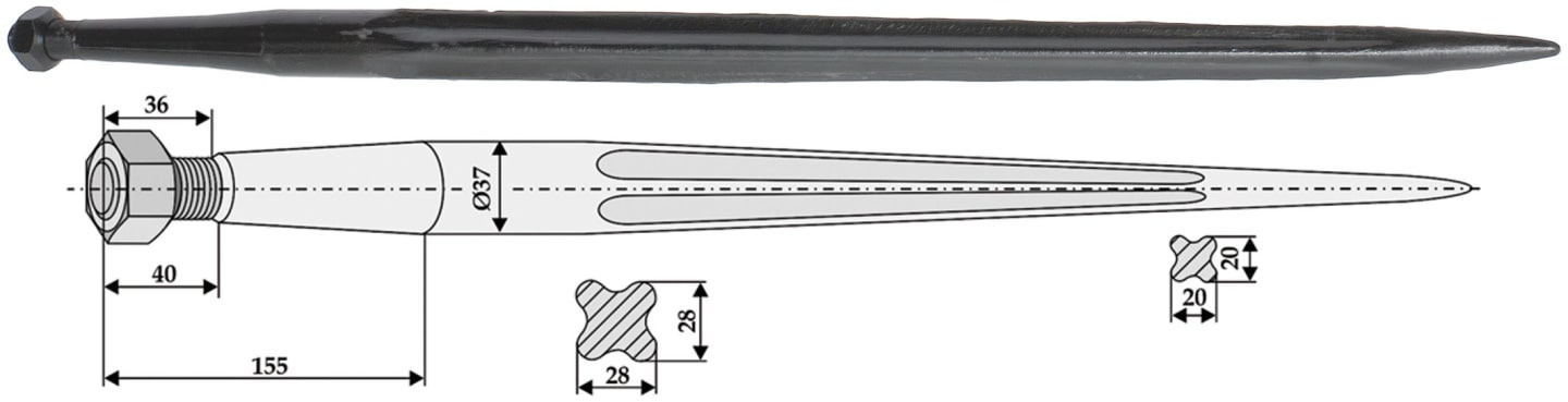Industriehof® Frontladerzinken 800 mm, M 22 x 1,5 AG, spitz, gerade, für Hydrac, 18826