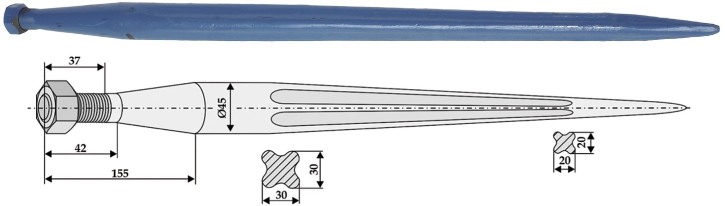 Industriehof® Frontladerzinken 820 mm, M 27 x 1,5 AG, spitz, gerade, für Frost, AP, 18836