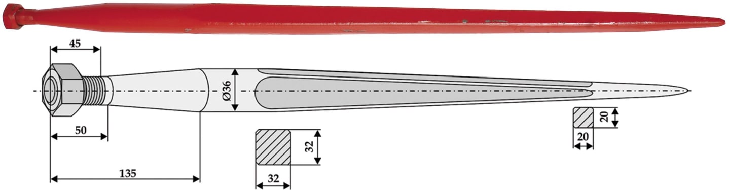 Industriehof® Frontladerzinken 800 mm, M 20 x 1,5 AG, Vierkant 32 x 32 mm, spitz, gerade, für Stoll, 18838