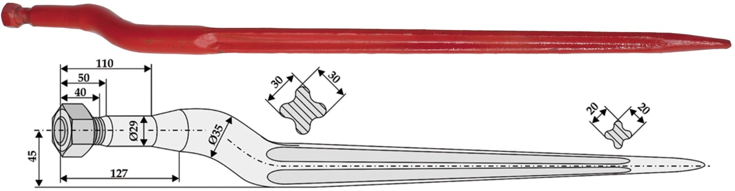 Industriehof® Silozinken 880 mm, M 22 x 1,5 AG, spitz, gekröpft, , für Trioliet, 18854