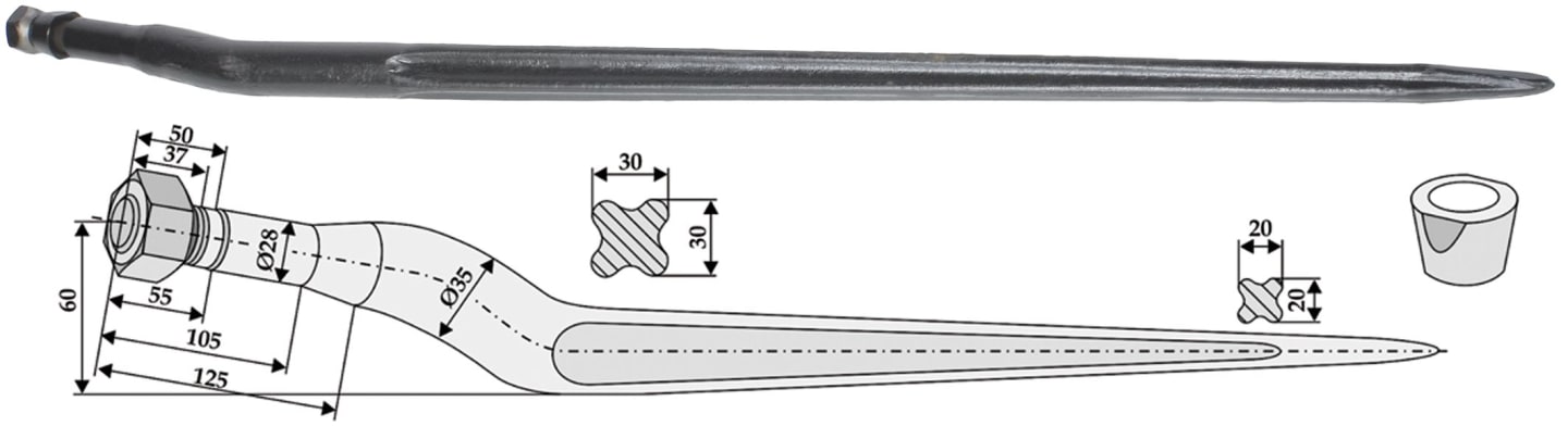 Industriehof® Frontladerzinken 950 mm, M 22 x 1,5 AG, spitz, gekröpft, für Von der Heide, 18959