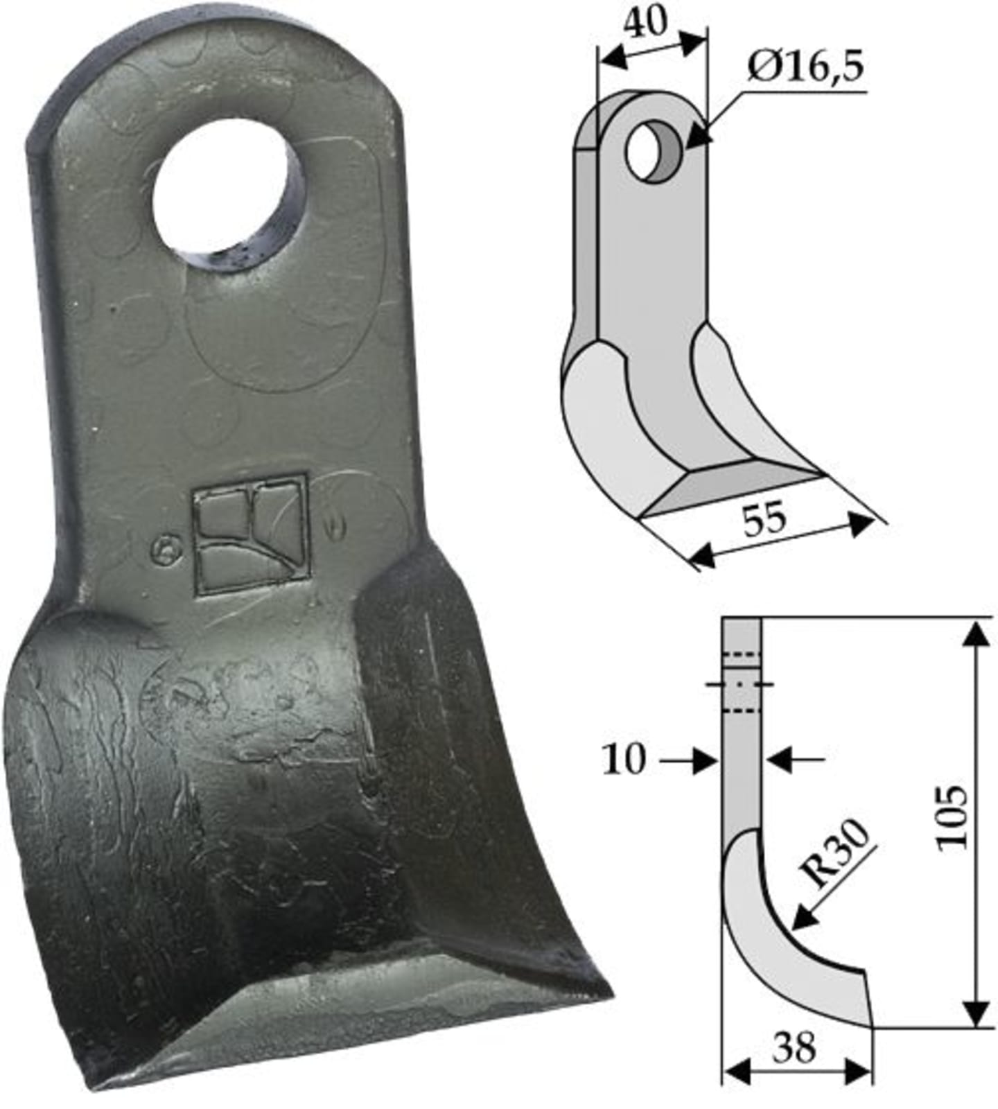 Industriehof® Y-Messer 105 x 40/55 x 10 mm, Bohrung 16,5 mm, für Mulcher Fischer, HMF Frei, 63-IND-09