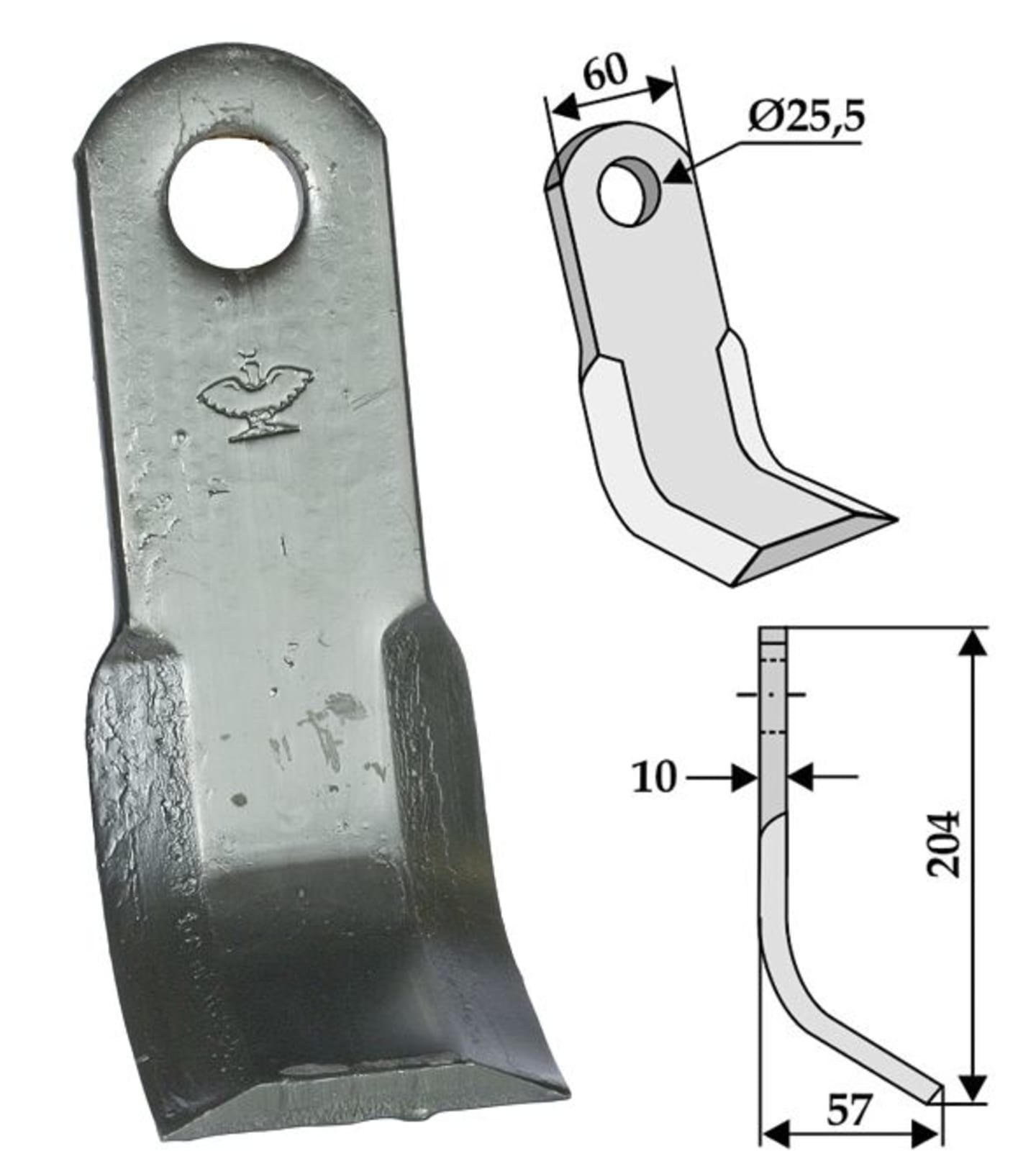 Industriehof® Y-Messer 204 x 60 x 10 mm, Bohrung 25,5 mm, für Mulcher Breviglieri, Kuhn, Kverneland, 63-NOB-05
