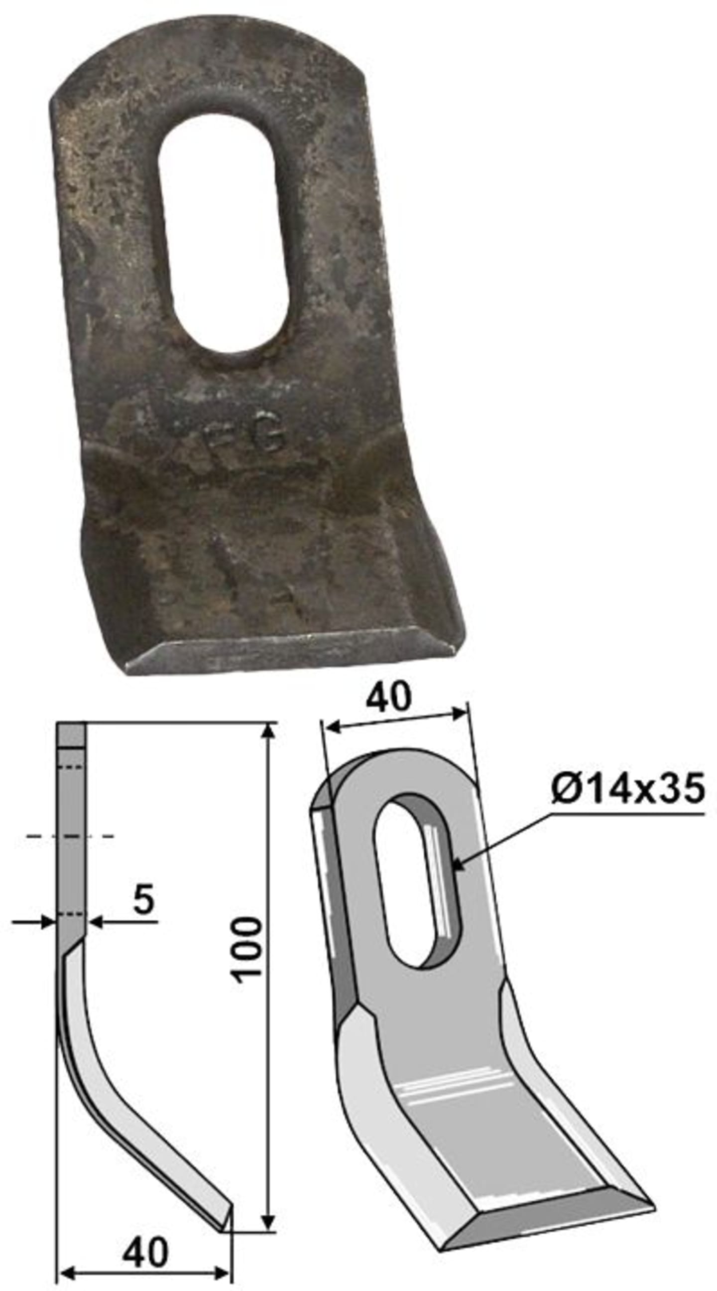 Industriehof® Y-Messer 100 x 40 x 5 mm, Bohrung 35 x 14 mm, für Mulcher Mott, Rousseau, S.M.A., 63-ROU-53