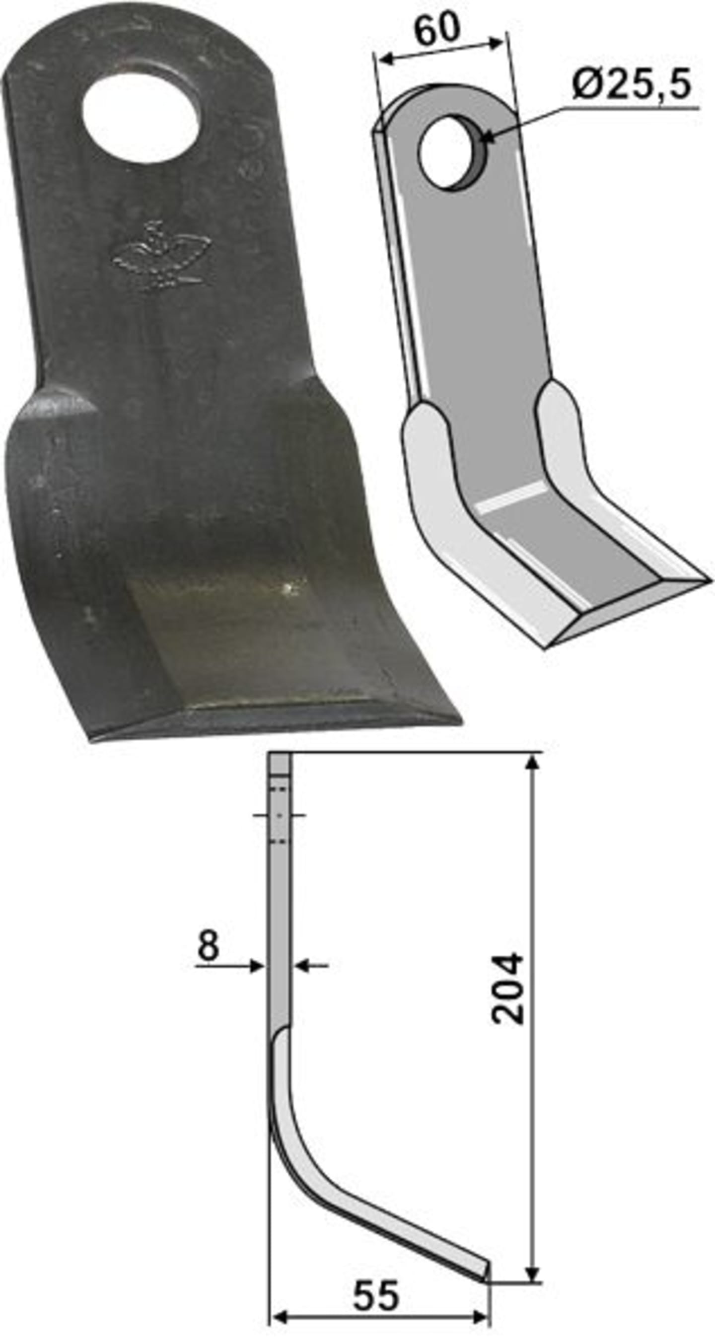 Industriehof® Y-Messer 204 x 60 x 8 mm, Bohrung 25,5 mm, für Mulcher Agricom, Procomas, Sicma,, 63-SIC-02