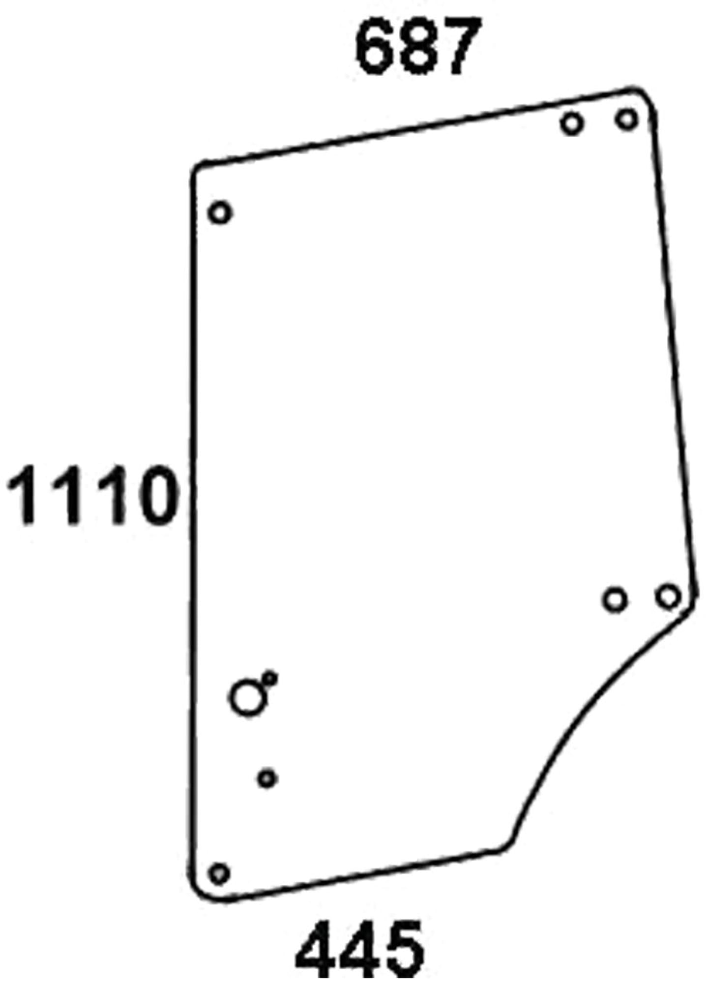 Türscheibe, klar, oben links/rechts, Länge 445 mm; 687 mm, für John Deere Traktor 1000, 2000, Kabine MC-1; CC-2