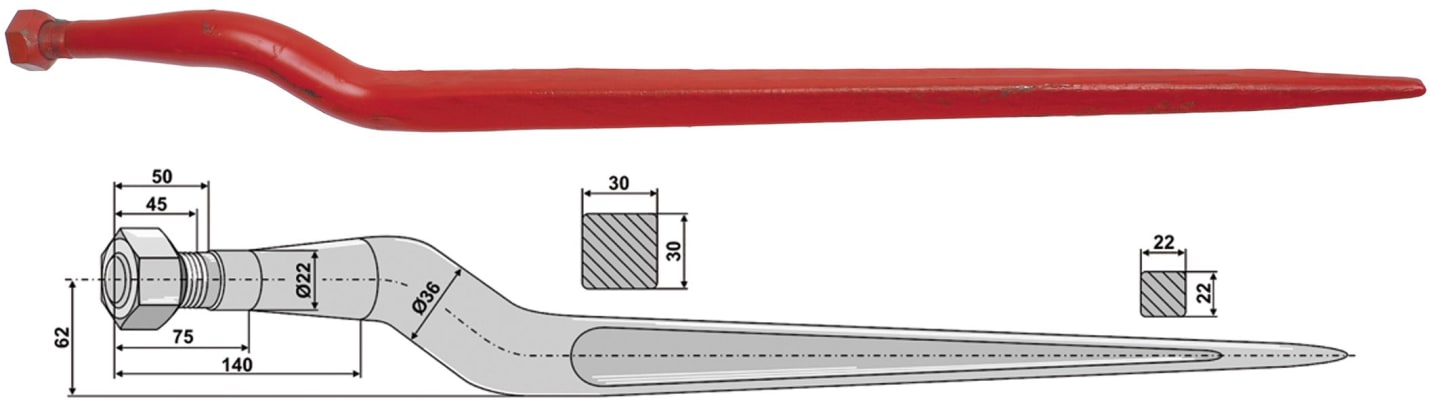 Industriehof® Silozinken 820 mm, M 24 x 1,5 AG, spitz, gekröpft, für Alö, Kverneland, 18834