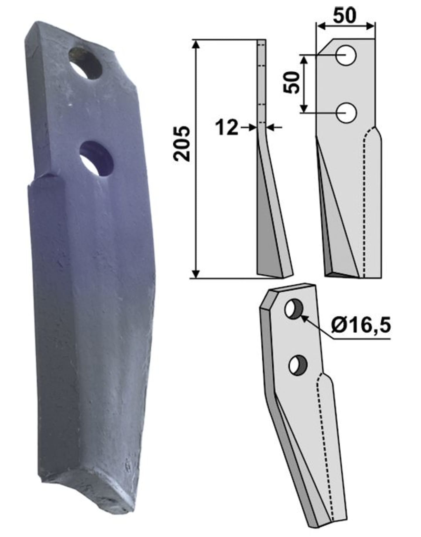Industriehof® Rotorzinken links/rechts 205 x 50 x 12 mm, Bohrung 16,5 mm für Kuhn