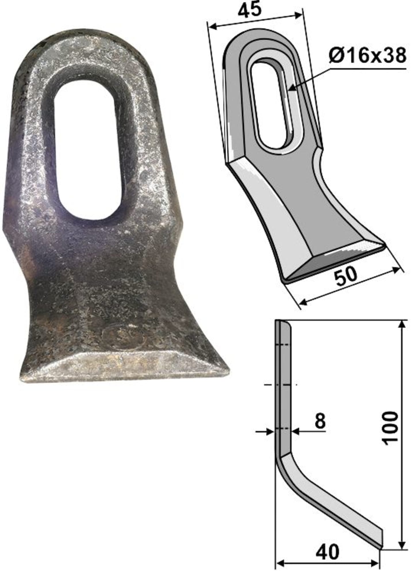 Industriehof® Y-Messer 100 x 45 x 8 mm, Bohrung 38 x 16 mm, für Mulcher Gilbers, Noremat, Rousseau, 63-UNI-05