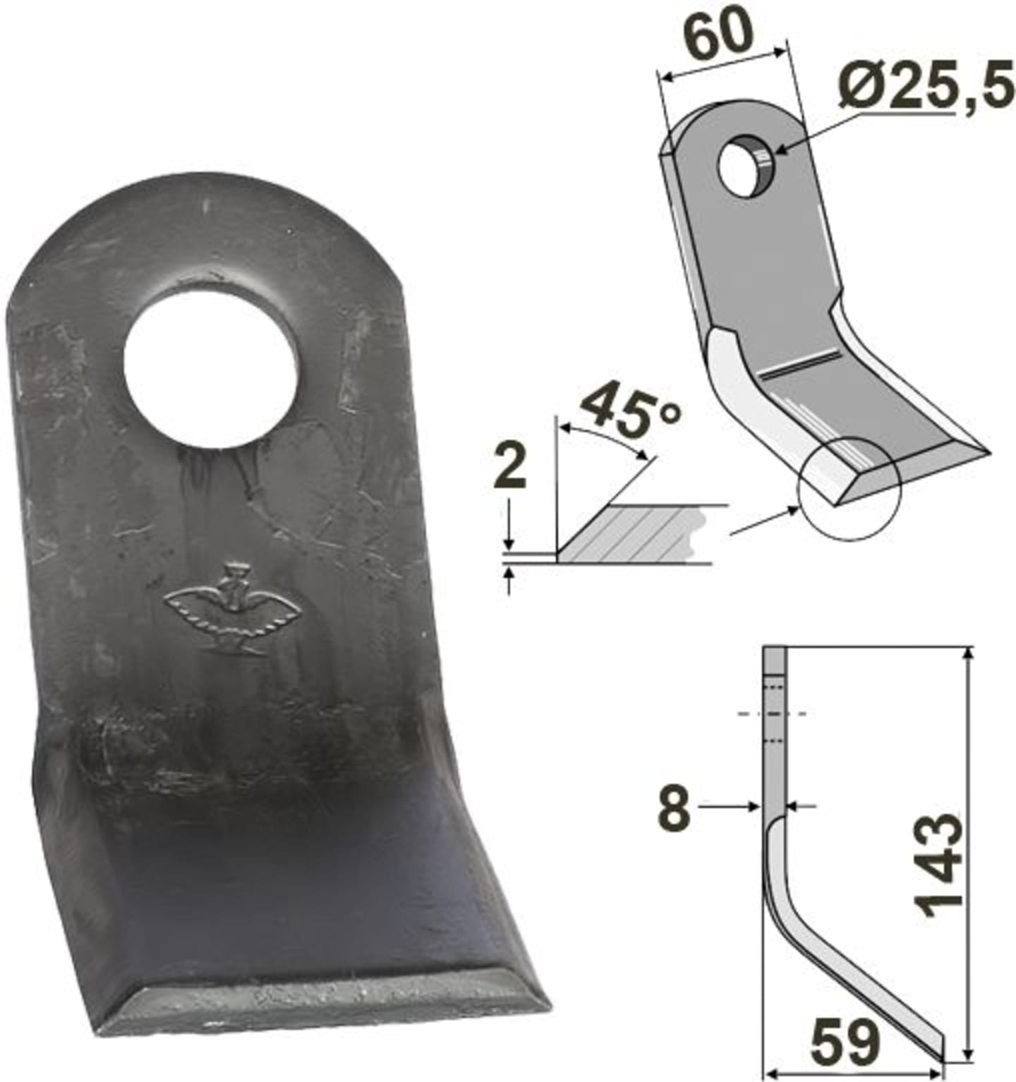 Industriehof® Y-Messer 143 x 60 x 8 mm, Bohrung 25,5 mm, Tiefe 59 mm, für Ferri, 63-FEI-38