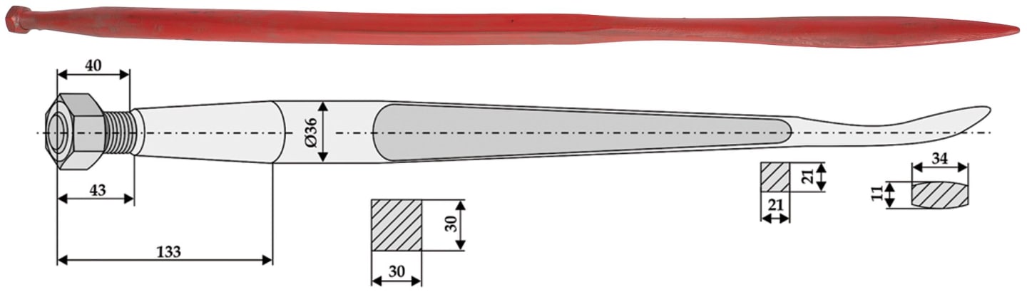 Industriehof® Löffelzinken 1.100 mm; 1.250 mm, M 22 x 1,5 AG, mit konischer Mutter, für Baas, Trima