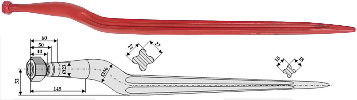 Industriehof® Silozinken 810 mm, M 22 x 1,5 AG, spitz, gekröpft, für Strautmann, Vicon, 18810