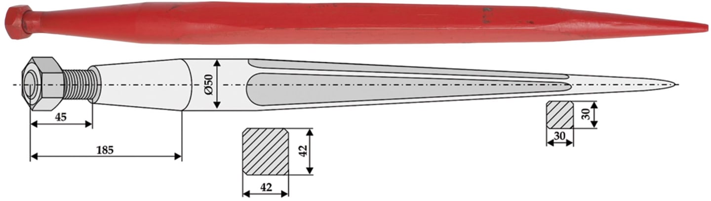 Industriehof® Frontladerzinken 1.100 mm, Ø 50 mm, M 28 x 1,5 AG, spitz, gerade, für universal, 181114